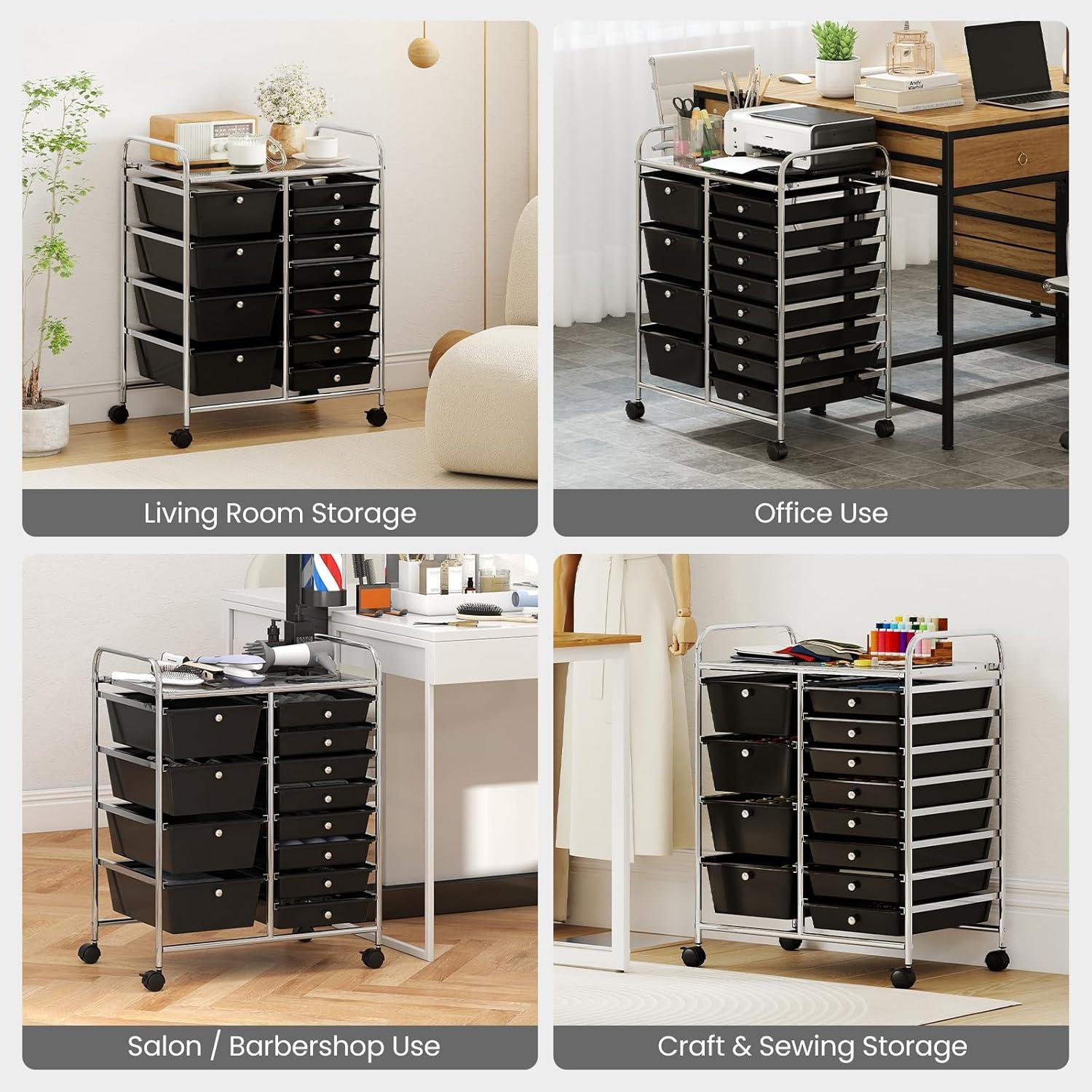image:imageGiantex 15 Drawer Rolling Cart with Drawers Storage Organizer Cart for Classroom Office School Teacher Mobile Drawer Cart for Tools Crafts Small Printer Paper Pastel Ice CreamBlack