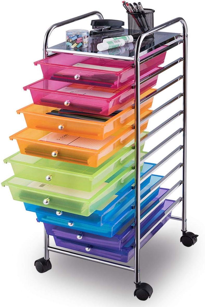 image:imageGiantex 15 Drawer Rolling Cart with Drawers Storage Organizer Cart for Classroom Office School Teacher Mobile Drawer Cart for Tools Crafts Small Printer Paper Pastel Ice CreamMulticolor