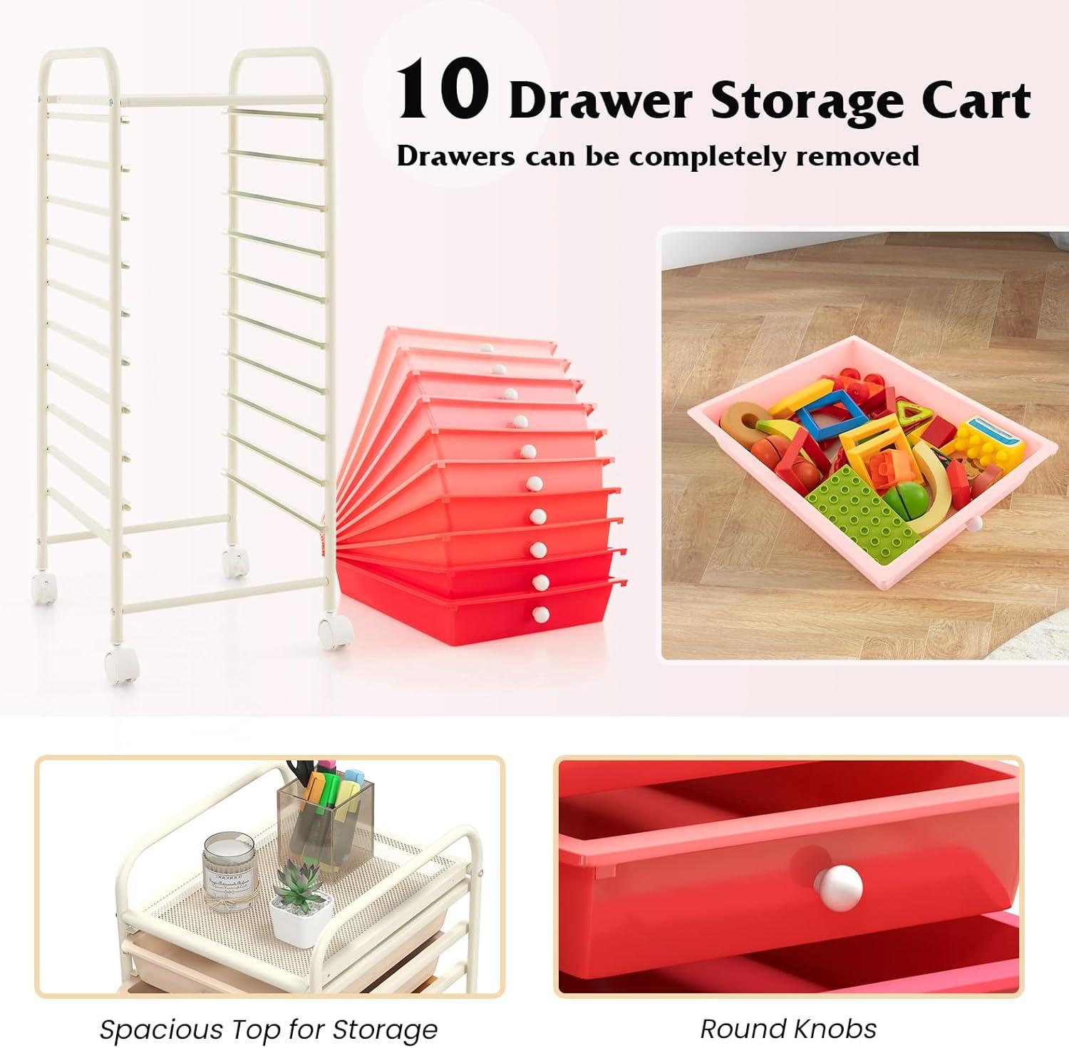 image:imageGiantex 15 Drawer Rolling Cart with Drawers Storage Organizer Cart for Classroom Office School Teacher Mobile Drawer Cart for Tools Crafts Small Printer Paper Pastel Ice CreamRed