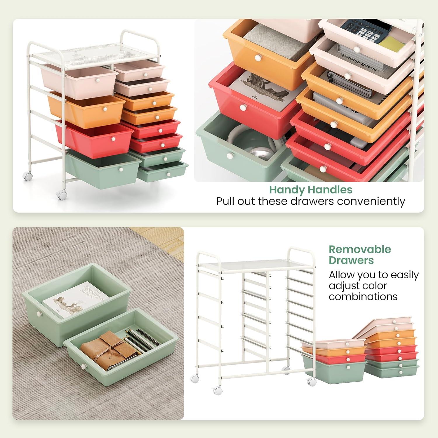 image:imageGiantex 15 Drawer Rolling Cart with Drawers Storage Organizer Cart for Classroom Office School Teacher Mobile Drawer Cart for Tools Crafts Small Printer Paper Pastel Ice CreamMacaron Multicolor