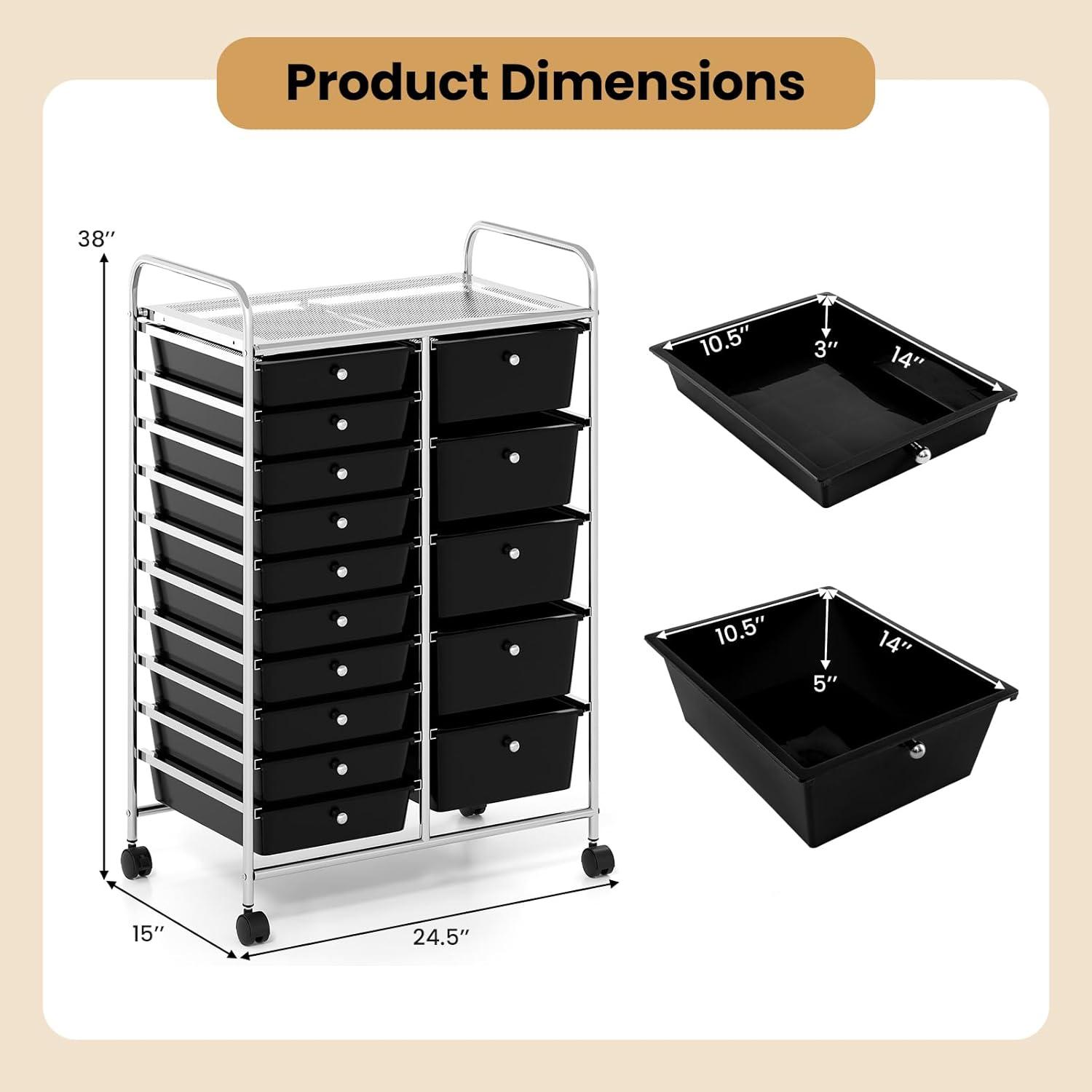 image:imageGiantex 15 Drawer Rolling Cart with Drawers Storage Organizer Cart for Classroom Office School Teacher Mobile Drawer Cart for Tools Crafts Small Printer Paper Pastel Ice CreamBlack