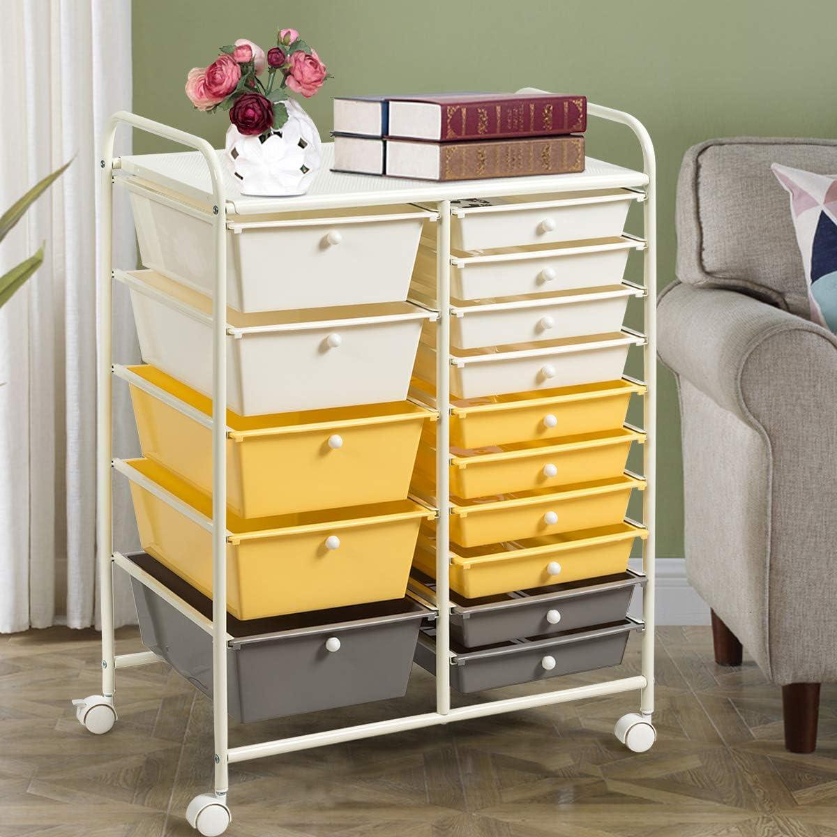 image:imageGiantex 15 Drawer Rolling Cart with Drawers Storage Organizer Cart for Classroom Office School Teacher Mobile Drawer Cart for Tools Crafts Small Printer Paper Pastel Ice CreamBeigeYellowGrey