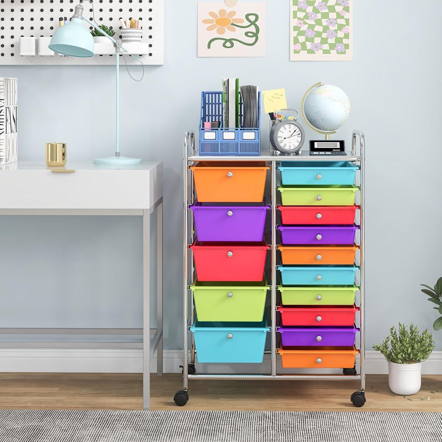 image:imageGiantex 15 Drawer Rolling Cart with Drawers Storage Organizer Cart for Classroom Office School Teacher Mobile Drawer Cart for Tools Crafts Small Printer Paper Pastel Ice CreamMulticolor