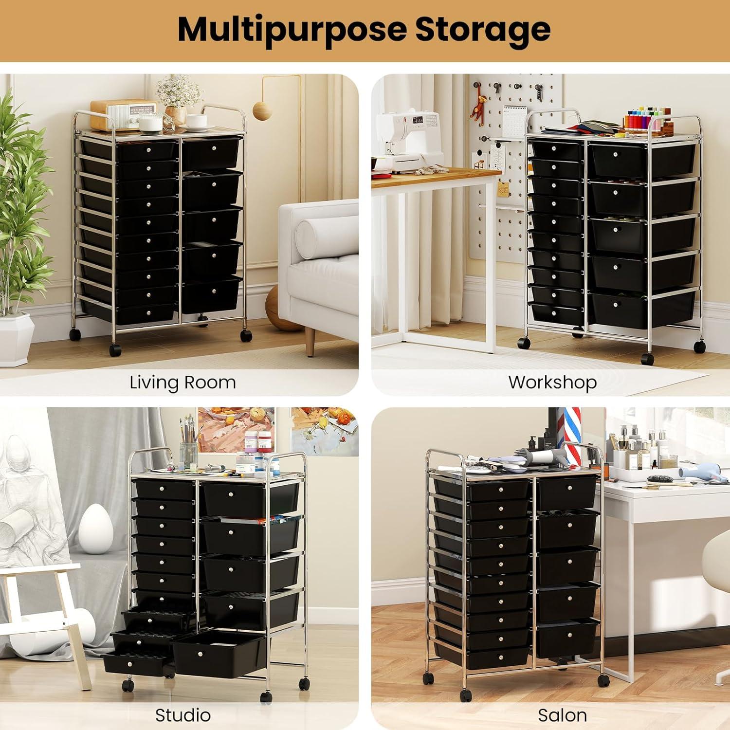 image:imageGiantex 15 Drawer Rolling Cart with Drawers Storage Organizer Cart for Classroom Office School Teacher Mobile Drawer Cart for Tools Crafts Small Printer Paper Pastel Ice CreamBlack