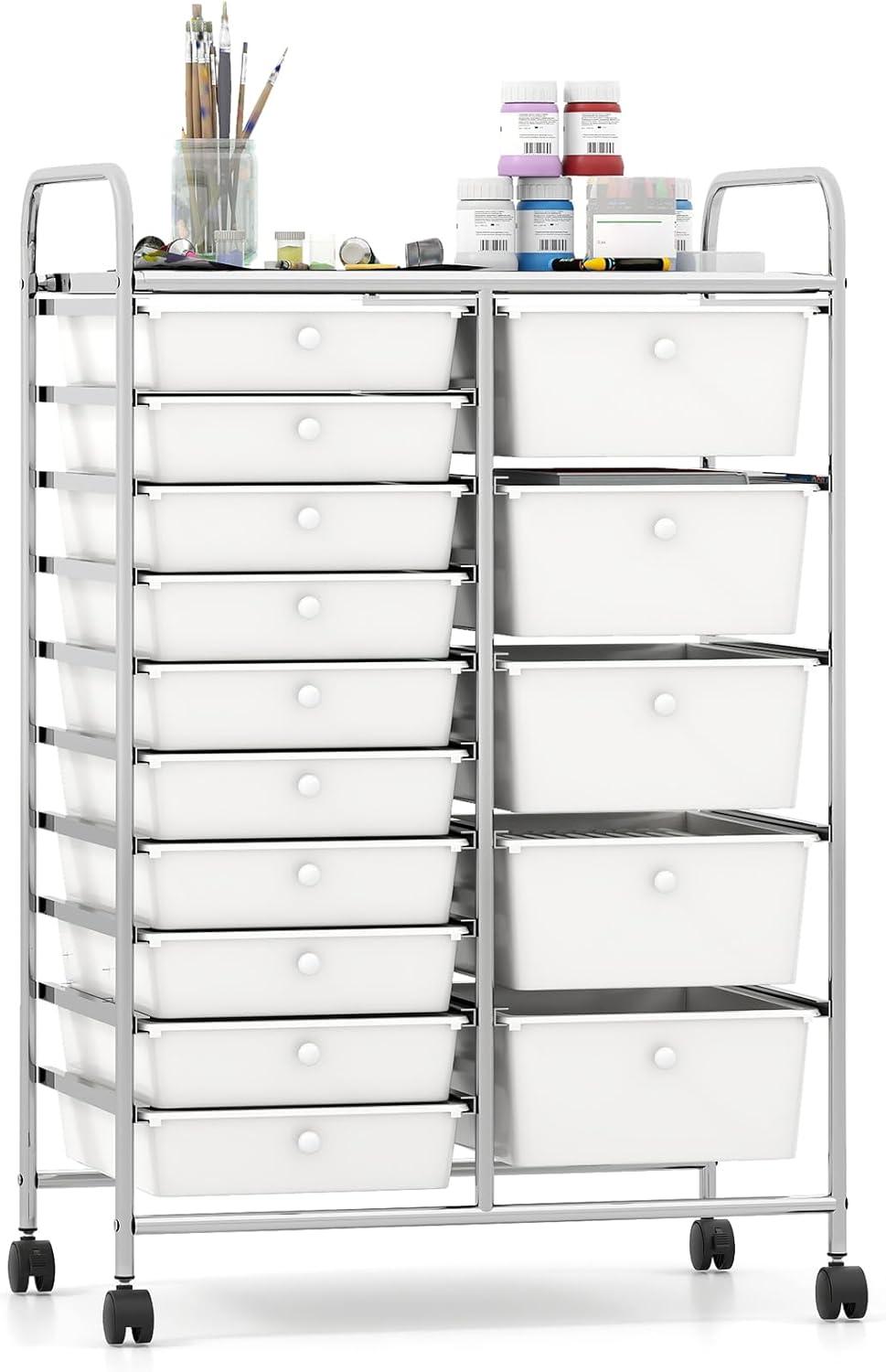 image:imageGiantex 15 Drawer Rolling Cart with Drawers Storage Organizer Cart for Classroom Office School Teacher Mobile Drawer Cart for Tools Crafts Small Printer Paper Pastel Ice CreamIvory