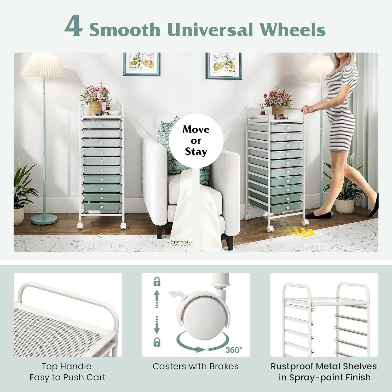 image:imageGiantex 15 Drawer Rolling Cart with Drawers Storage Organizer Cart for Classroom Office School Teacher Mobile Drawer Cart for Tools Crafts Small Printer Paper Pastel Ice CreamGreen Gradient