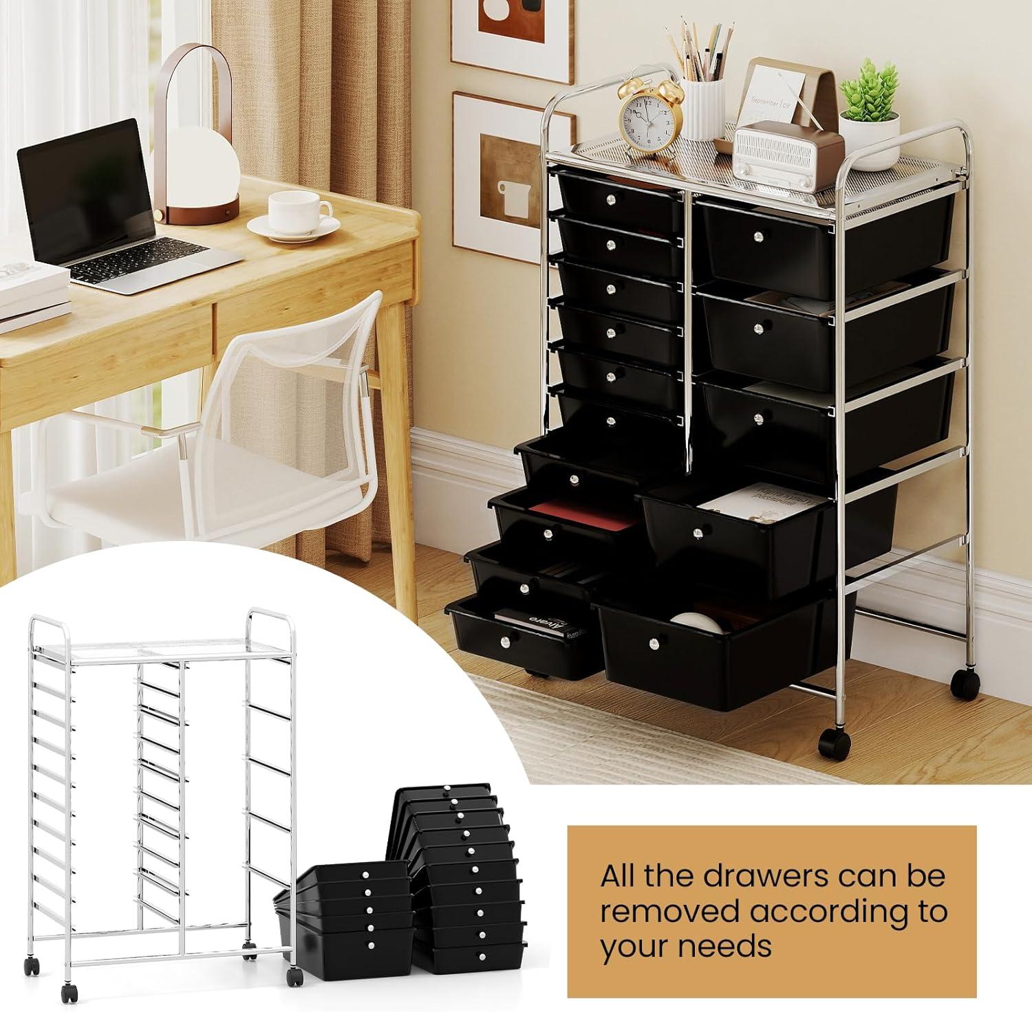 image:imageGiantex 15 Drawer Rolling Cart with Drawers Storage Organizer Cart for Classroom Office School Teacher Mobile Drawer Cart for Tools Crafts Small Printer Paper Pastel Ice CreamBlack