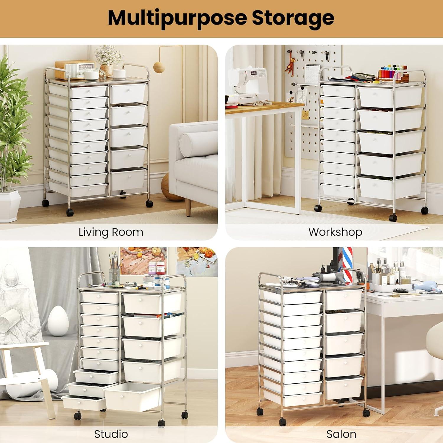 image:imageGiantex 15 Drawer Rolling Cart with Drawers Storage Organizer Cart for Classroom Office School Teacher Mobile Drawer Cart for Tools Crafts Small Printer Paper Pastel Ice CreamIvory