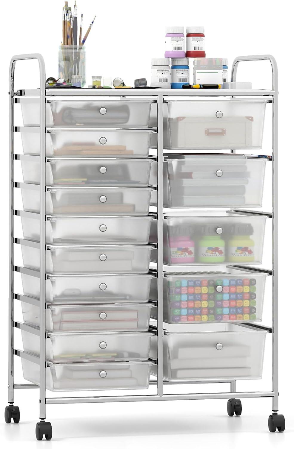image:imageGiantex 15 Drawer Rolling Cart with Drawers Storage Organizer Cart for Classroom Office School Teacher Mobile Drawer Cart for Tools Crafts Small Printer Paper Pastel Ice CreamClear