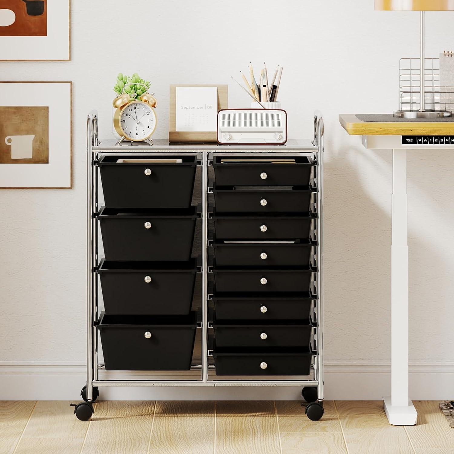 image:imageGiantex 15 Drawer Rolling Cart with Drawers Storage Organizer Cart for Classroom Office School Teacher Mobile Drawer Cart for Tools Crafts Small Printer Paper Pastel Ice CreamBlack
