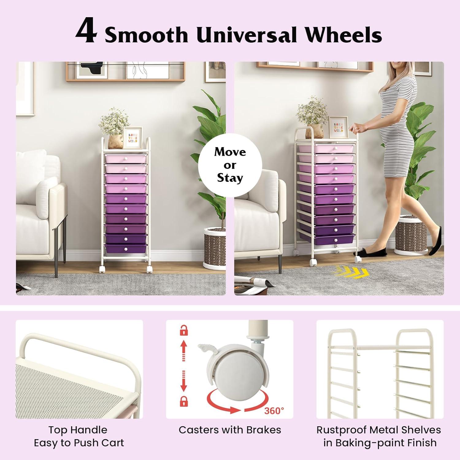 image:imageGiantex 15 Drawer Rolling Cart with Drawers Storage Organizer Cart for Classroom Office School Teacher Mobile Drawer Cart for Tools Crafts Small Printer Paper Pastel Ice CreamPurple Gradient