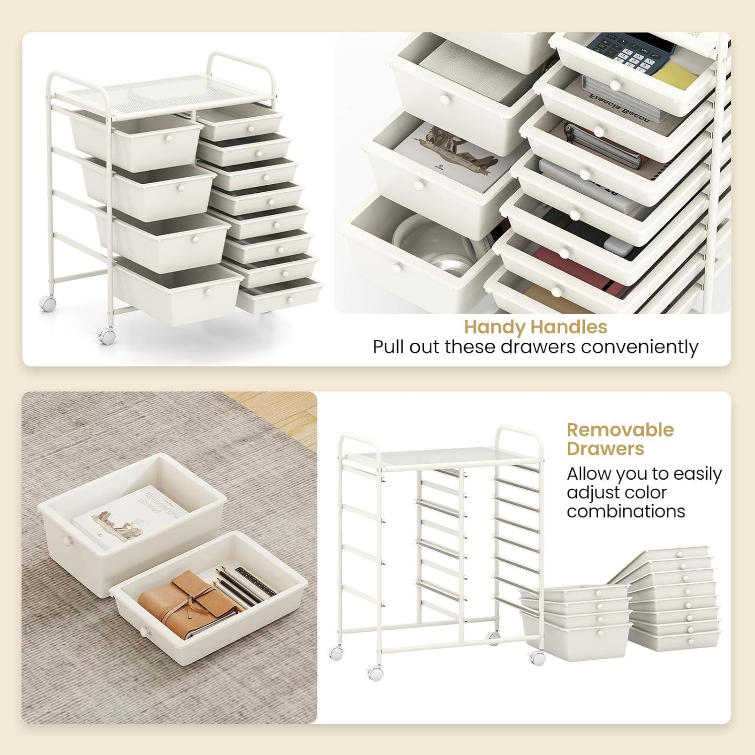 image:imageGiantex 15 Drawer Rolling Cart with Drawers Storage Organizer Cart for Classroom Office School Teacher Mobile Drawer Cart for Tools Crafts Small Printer Paper Pastel Ice CreamIvory