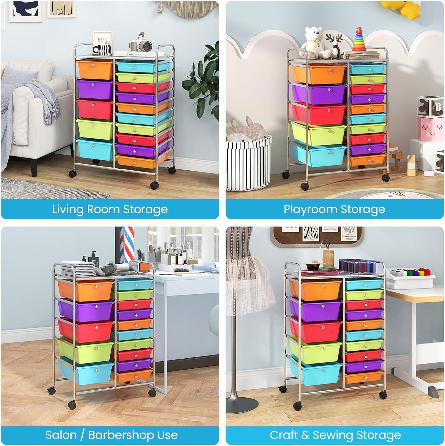 image:imageGiantex 15 Drawer Rolling Cart with Drawers Storage Organizer Cart for Classroom Office School Teacher Mobile Drawer Cart for Tools Crafts Small Printer Paper Pastel Ice CreamMulticolor