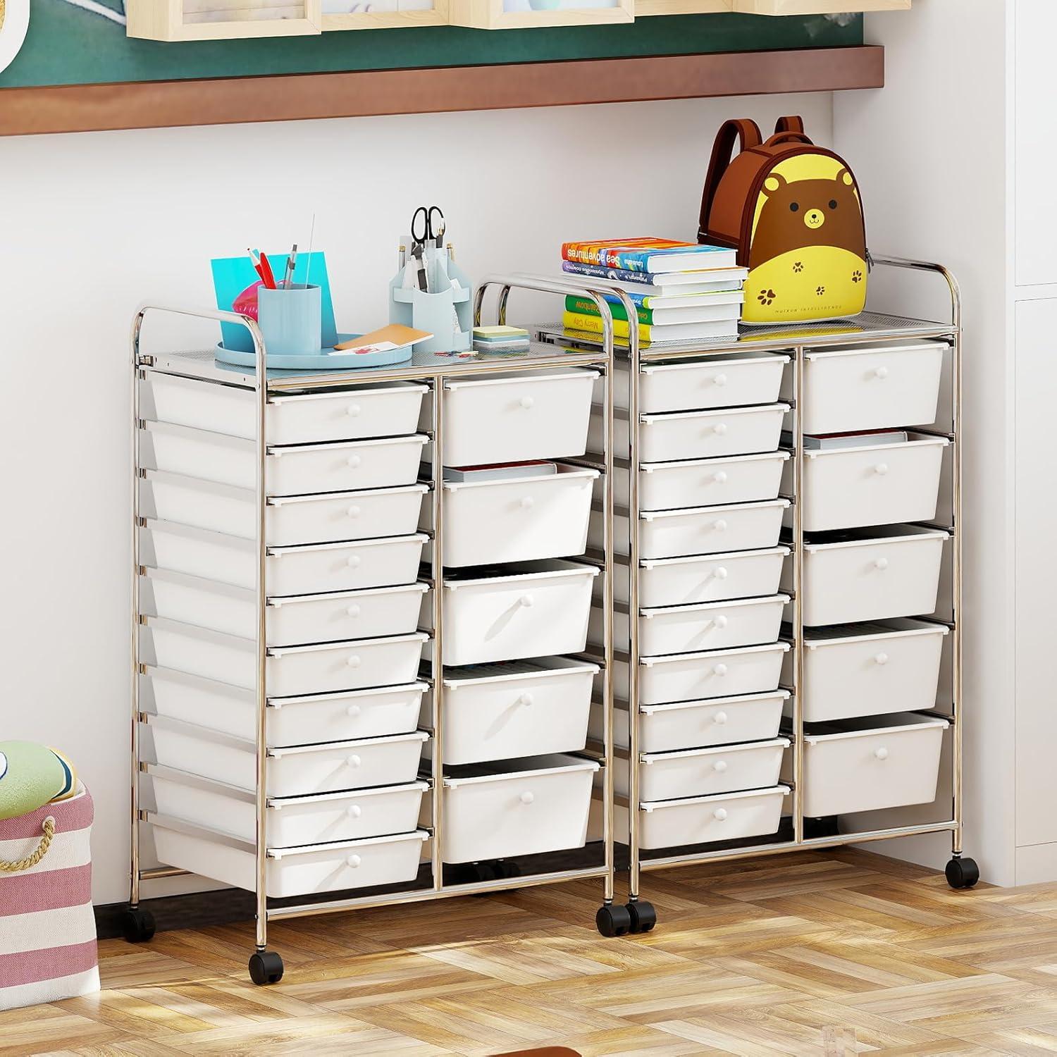 image:imageGiantex 15 Drawer Rolling Cart with Drawers Storage Organizer Cart for Classroom Office School Teacher Mobile Drawer Cart for Tools Crafts Small Printer Paper Pastel Ice CreamIvory