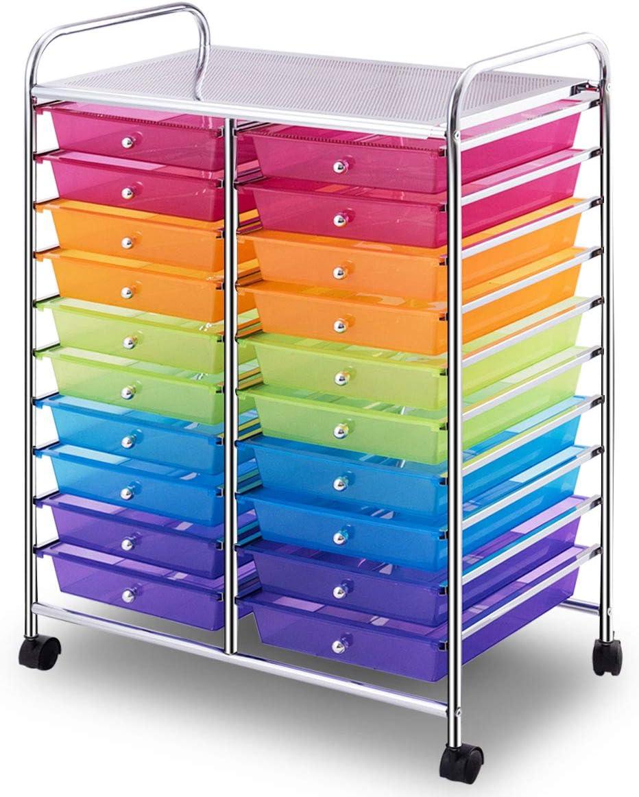 image:imageGiantex 20 Drawers Rolling Cart Mobile Storage Drawer Cart Classroom Organizer Cart for Office School Supplies Tools Scrapbook Paper Craft Small Printer Utility Cart on Wheels Green GradientRainbow