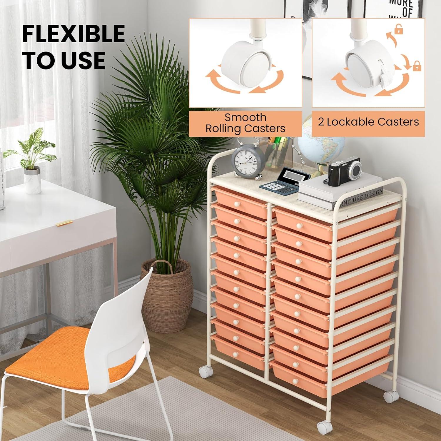 image:imageGiantex 20 Drawers Rolling Cart Mobile Storage Drawer Cart Classroom Organizer Cart for Office School Supplies Tools Scrapbook Paper Craft Small Printer Utility Cart on Wheels Green GradientPeach Fuzz