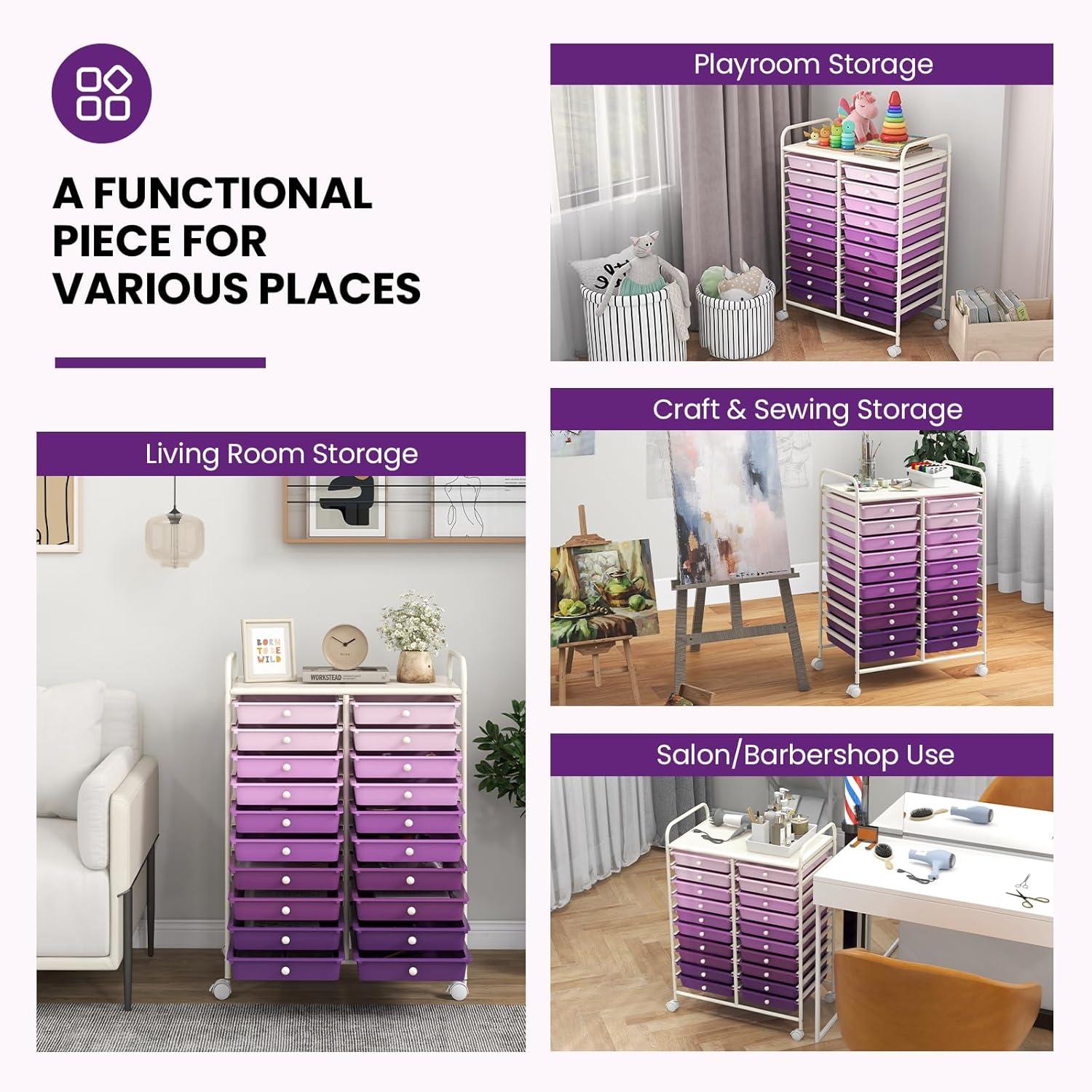 image:imageGiantex 20 Drawers Rolling Cart Mobile Storage Drawer Cart Classroom Organizer Cart for Office School Supplies Tools Scrapbook Paper Craft Small Printer Utility Cart on Wheels Green GradientPurple Gradient
