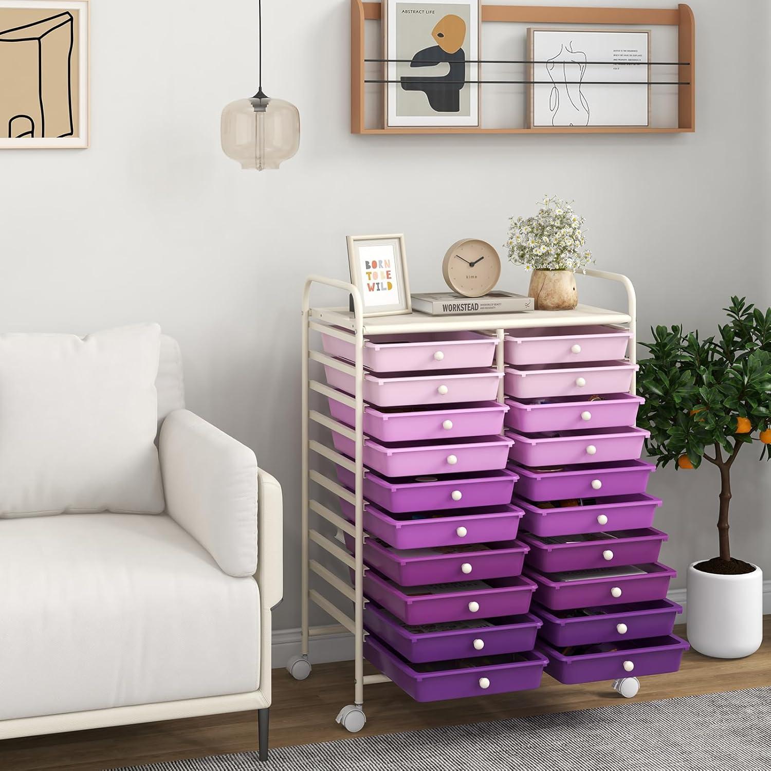 image:imageGiantex 20 Drawers Rolling Cart Mobile Storage Drawer Cart Classroom Organizer Cart for Office School Supplies Tools Scrapbook Paper Craft Small Printer Utility Cart on Wheels Green GradientPurple Gradient