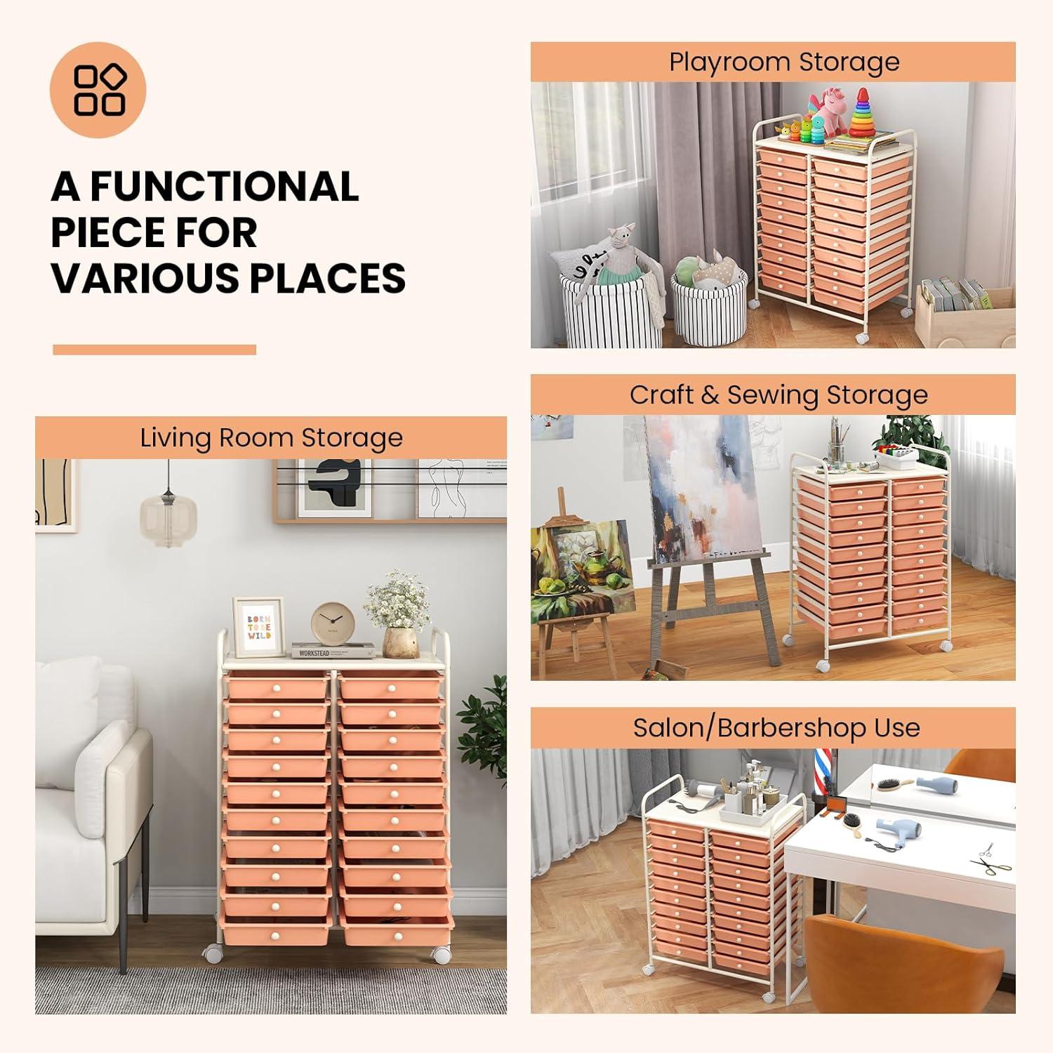 image:imageGiantex 20 Drawers Rolling Cart Mobile Storage Drawer Cart Classroom Organizer Cart for Office School Supplies Tools Scrapbook Paper Craft Small Printer Utility Cart on Wheels Green GradientPeach Fuzz