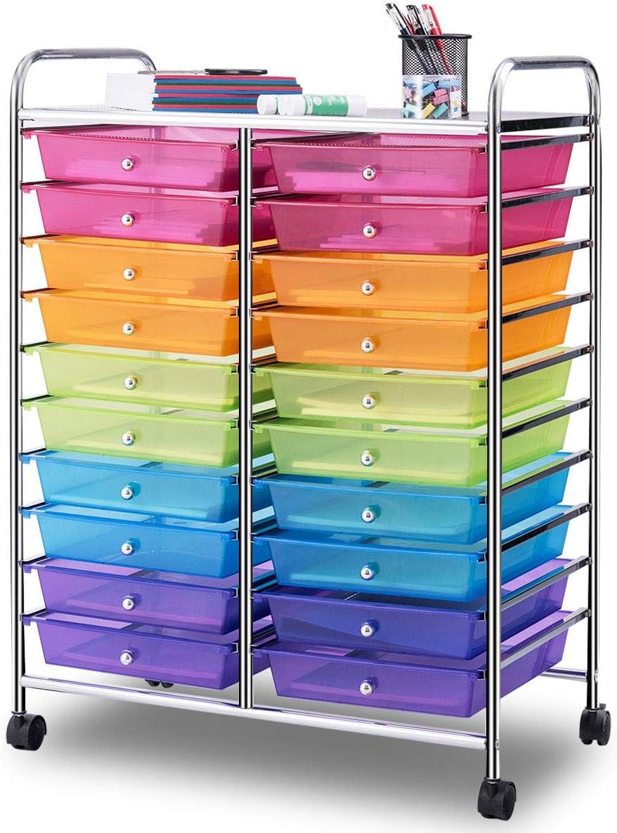 image:imageGiantex 20 Drawers Rolling Cart Mobile Storage Drawer Cart Classroom Organizer Cart for Office School Supplies Tools Scrapbook Paper Craft Small Printer Utility Cart on Wheels Green GradientRainbow