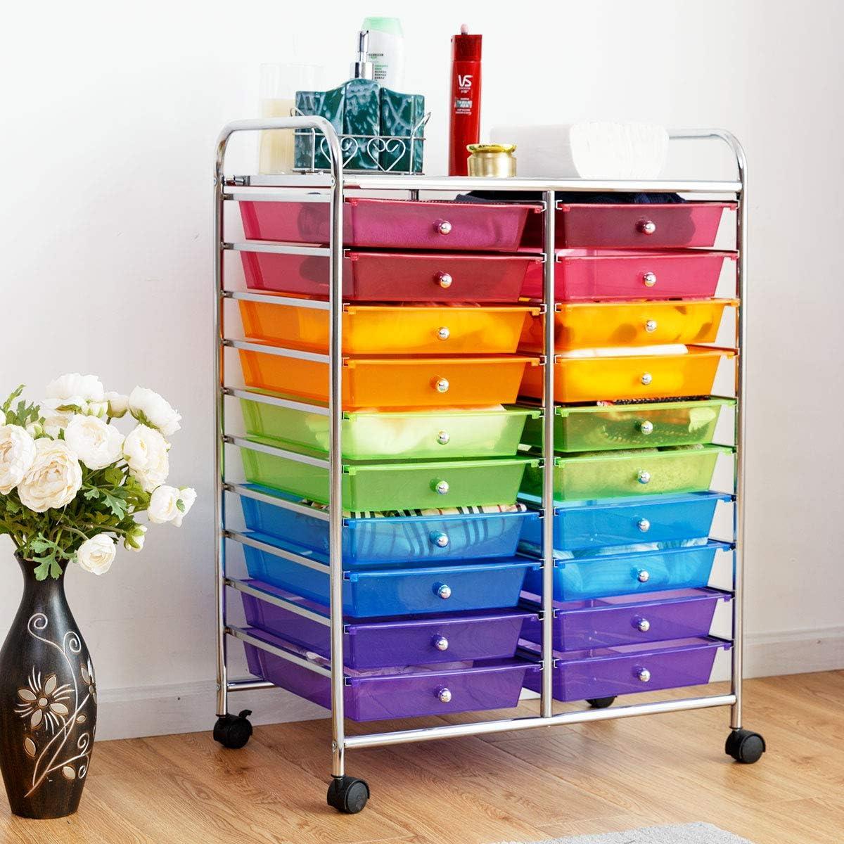 image:imageGiantex 20 Drawers Rolling Cart Mobile Storage Drawer Cart Classroom Organizer Cart for Office School Supplies Tools Scrapbook Paper Craft Small Printer Utility Cart on Wheels Green GradientRainbow