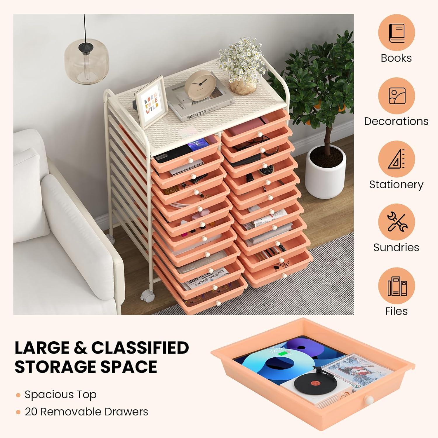 image:imageGiantex 20 Drawers Rolling Cart Mobile Storage Drawer Cart Classroom Organizer Cart for Office School Supplies Tools Scrapbook Paper Craft Small Printer Utility Cart on Wheels Green GradientPeach Fuzz