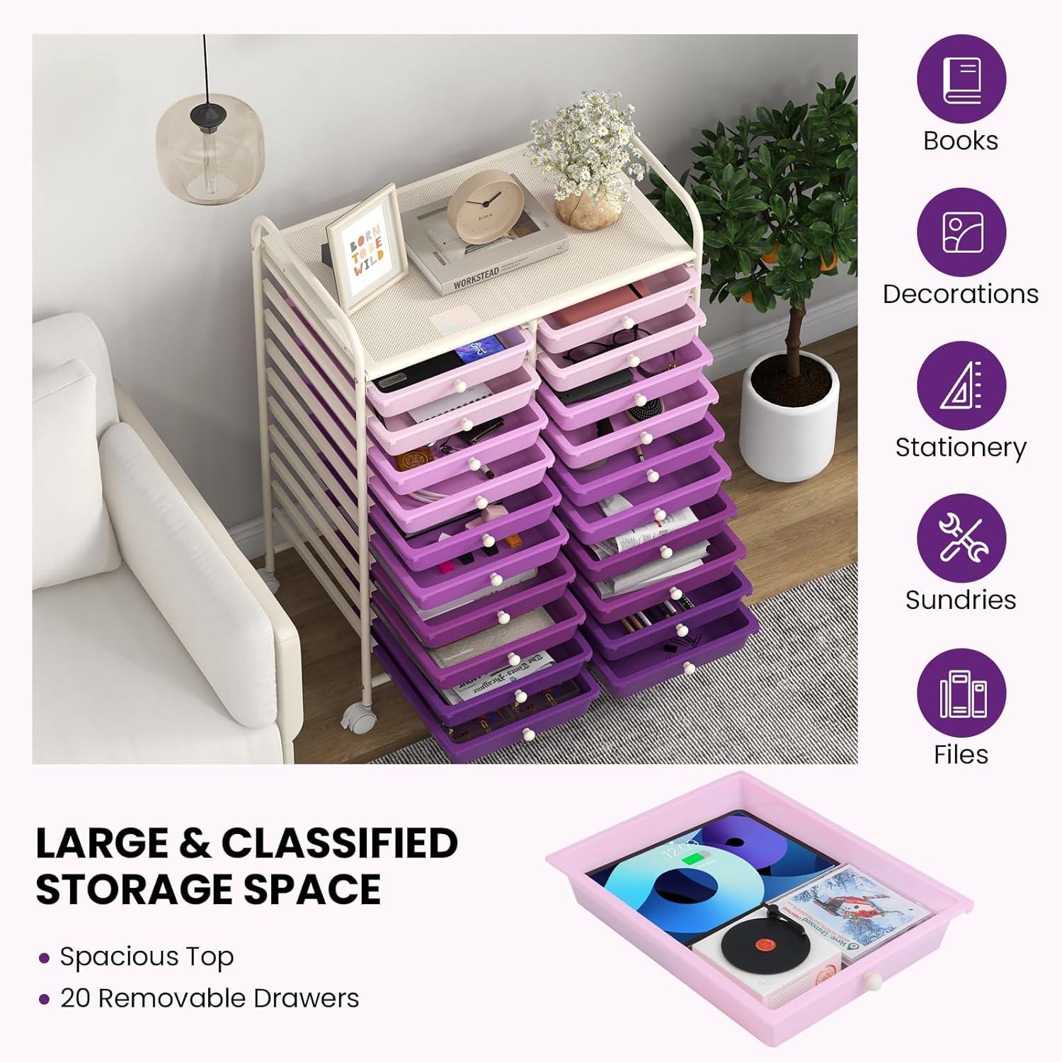 image:imageGiantex 20 Drawers Rolling Cart Mobile Storage Drawer Cart Classroom Organizer Cart for Office School Supplies Tools Scrapbook Paper Craft Small Printer Utility Cart on Wheels Green GradientPurple Gradient
