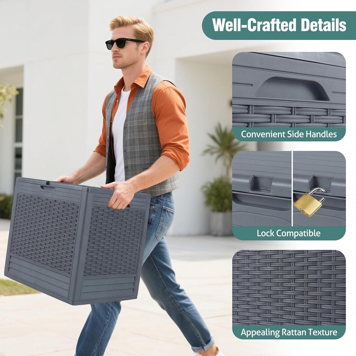 image:imageGiantex 25 Gallon Outdoor Storage Box PP Deck Container with Rattan Patterns amp Lockable Lid AllWeather Patio Plastic Storage Bin for Package Delivery Garden Tools Patio Cushions GreyGrey