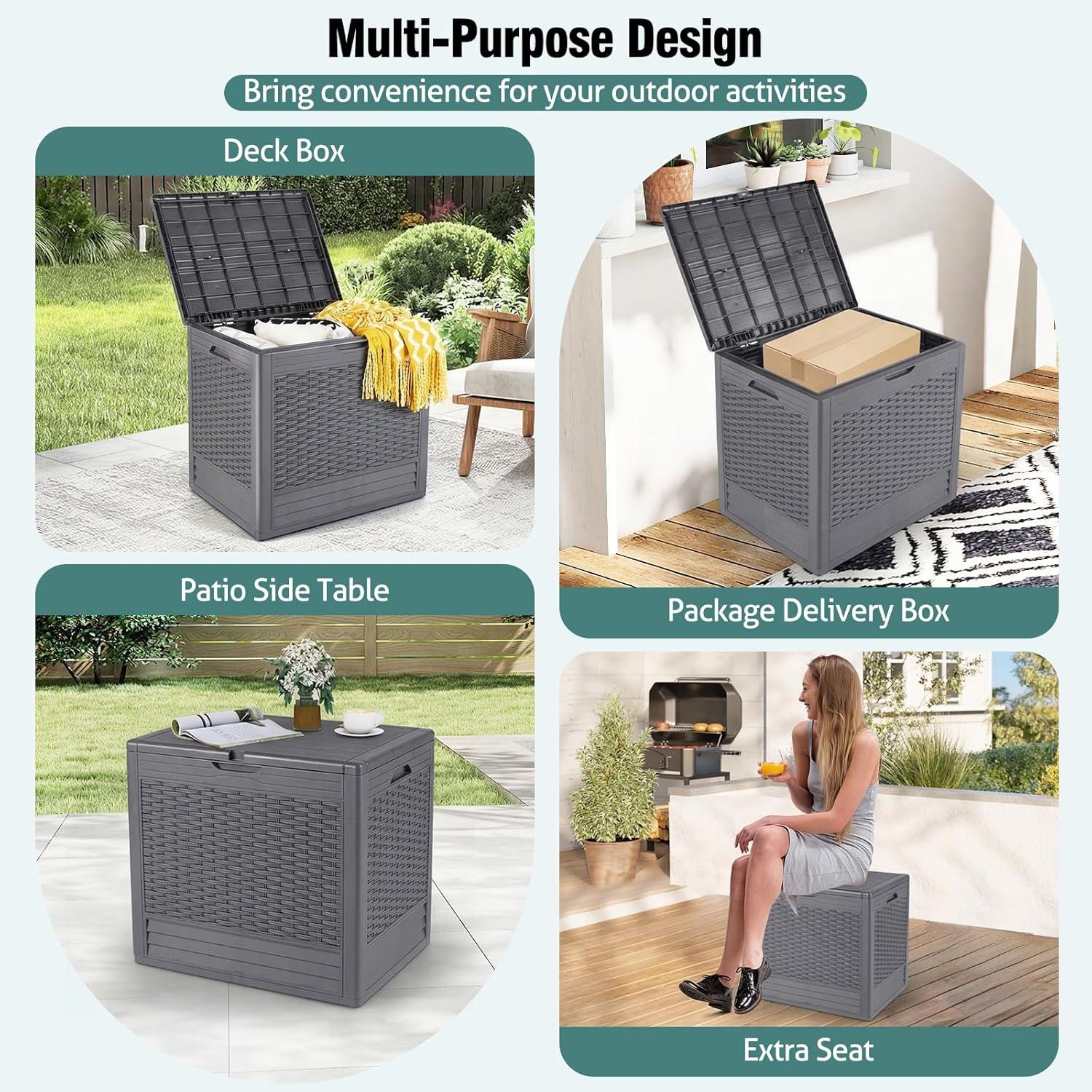 image:imageGiantex 25 Gallon Outdoor Storage Box PP Deck Container with Rattan Patterns amp Lockable Lid AllWeather Patio Plastic Storage Bin for Package Delivery Garden Tools Patio Cushions GreyGrey