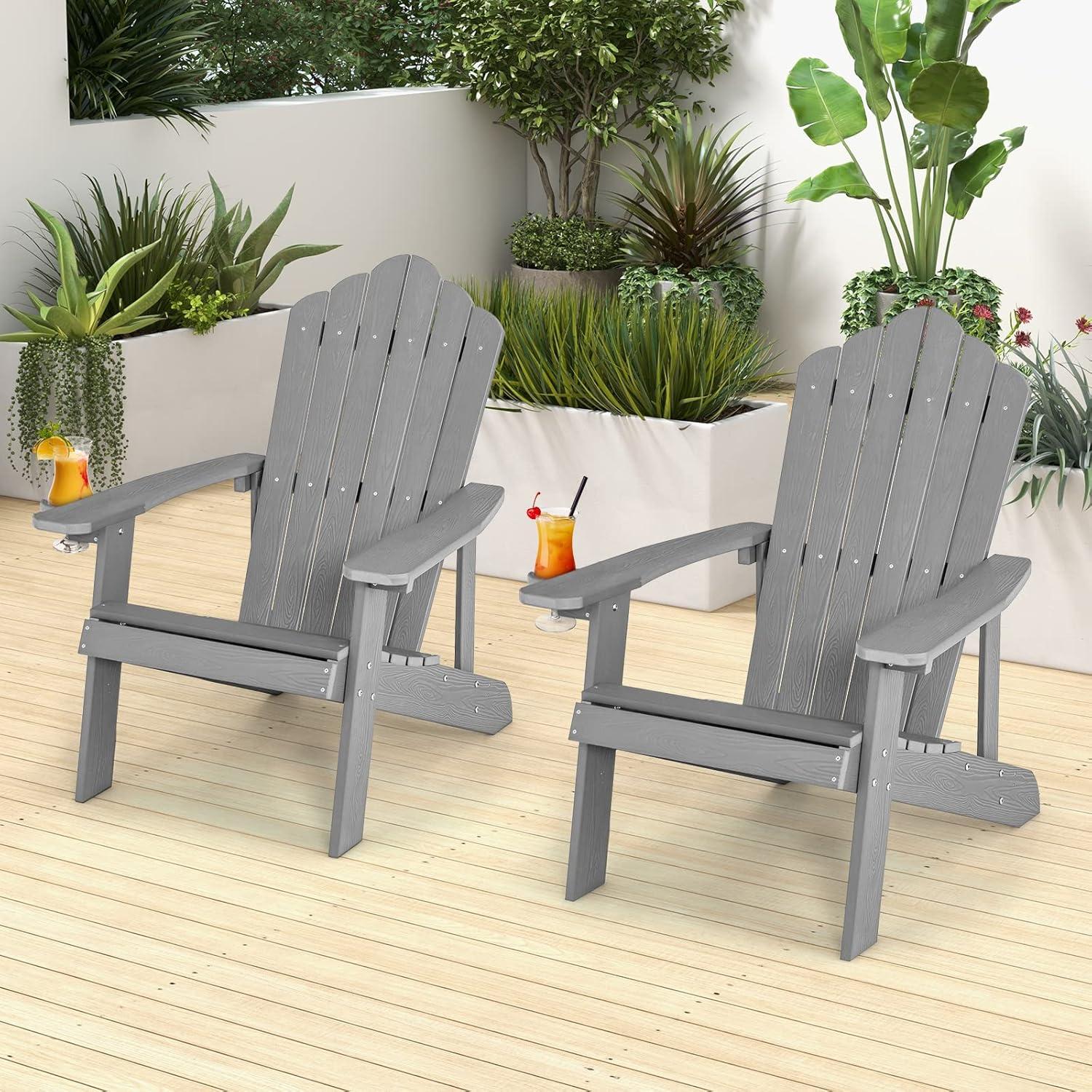 image:imageGiantex Outdoor Adirondack Chair Oversized Patio Chairs wHidden Cup Holder Realistic Wood Grain 380 LBS Weight Capacity Weather Resistant Firepit Chairs for Backyard Garden 1 RedLight Grey