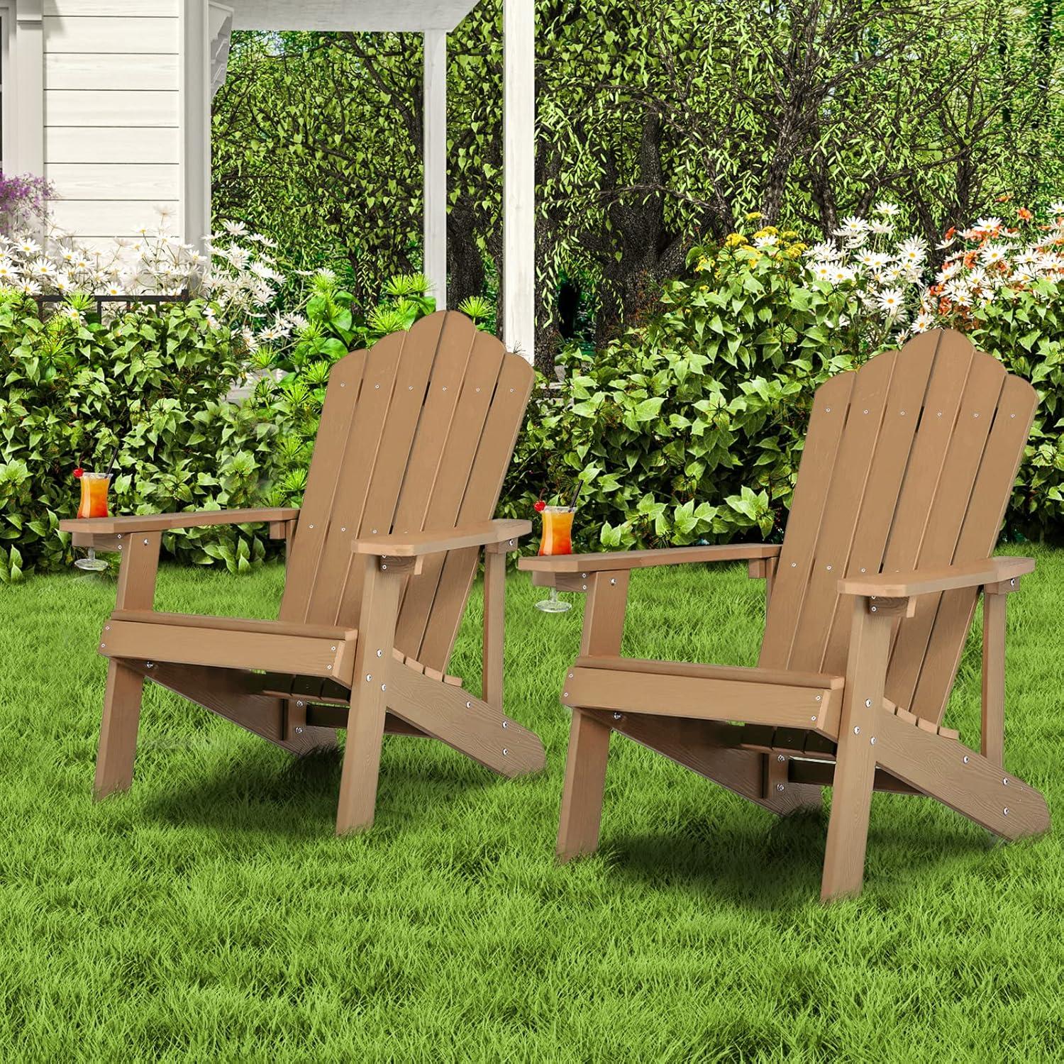 image:imageGiantex Outdoor Adirondack Chair Oversized Patio Chairs wHidden Cup Holder Realistic Wood Grain 380 LBS Weight Capacity Weather Resistant Firepit Chairs for Backyard Garden 1 RedTeak