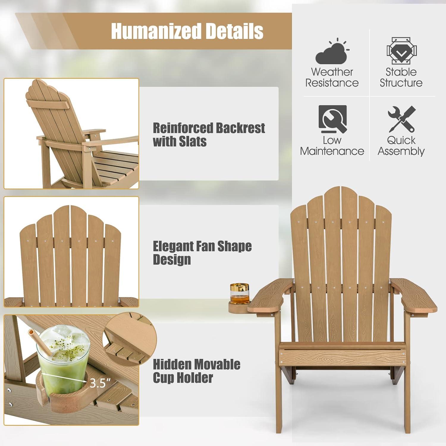 image:imageGiantex Outdoor Adirondack Chair Oversized Patio Chairs wHidden Cup Holder Realistic Wood Grain 380 LBS Weight Capacity Weather Resistant Firepit Chairs for Backyard Garden 1 RedTeak
