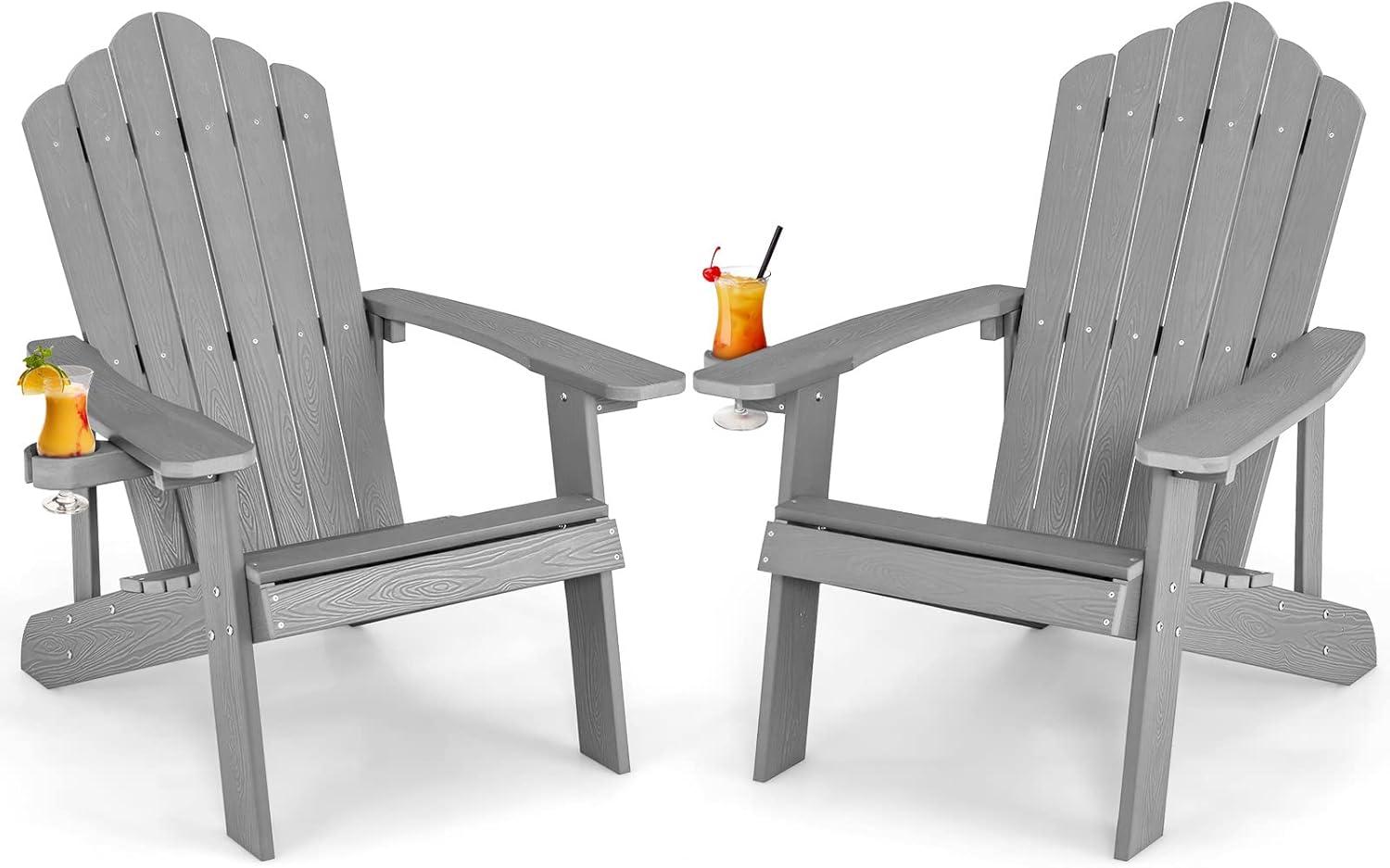 image:imageGiantex Outdoor Adirondack Chair Oversized Patio Chairs wHidden Cup Holder Realistic Wood Grain 380 LBS Weight Capacity Weather Resistant Firepit Chairs for Backyard Garden 1 RedLight Grey