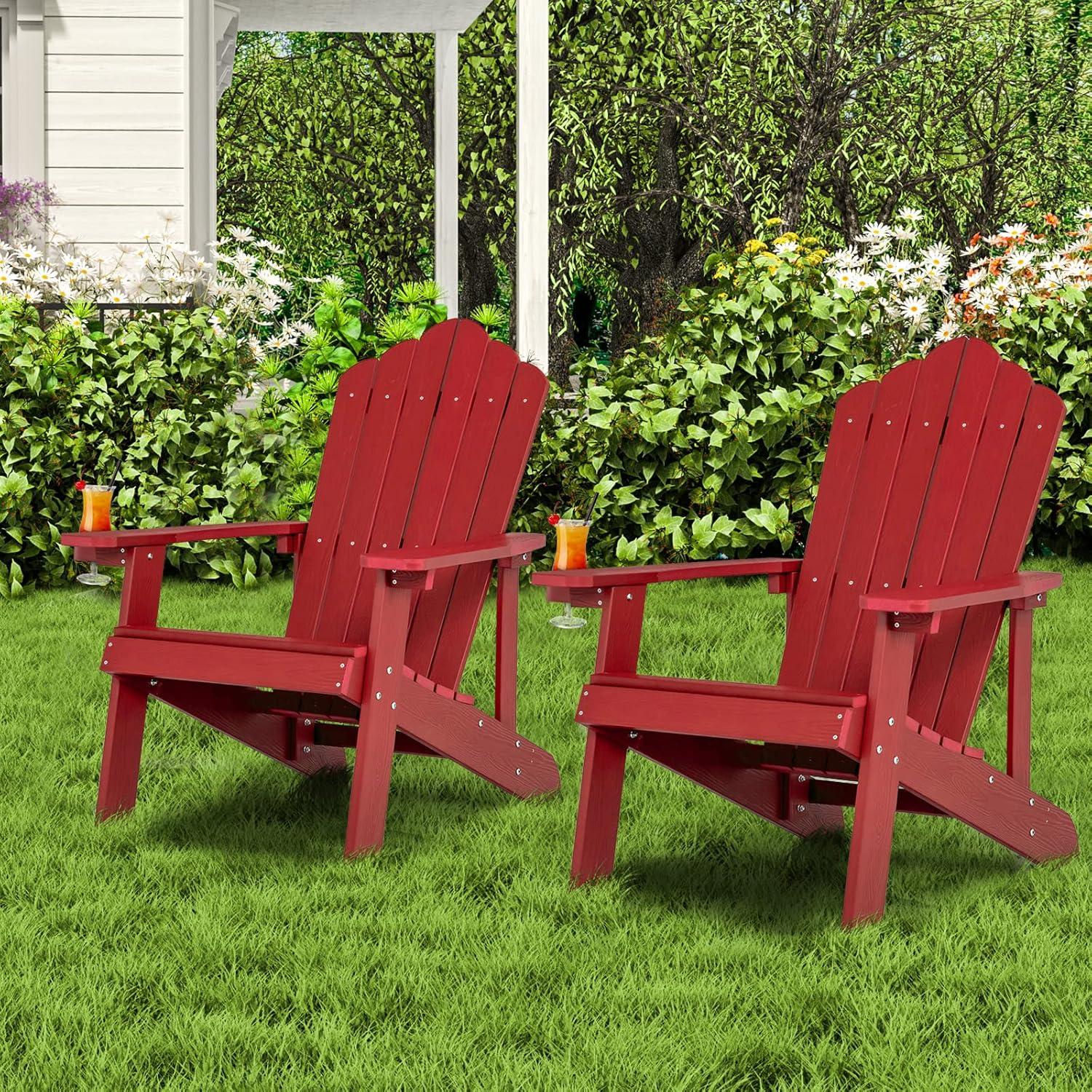 image:imageGiantex Outdoor Adirondack Chair Oversized Patio Chairs wHidden Cup Holder Realistic Wood Grain 380 LBS Weight Capacity Weather Resistant Firepit Chairs for Backyard Garden 1 RedRed