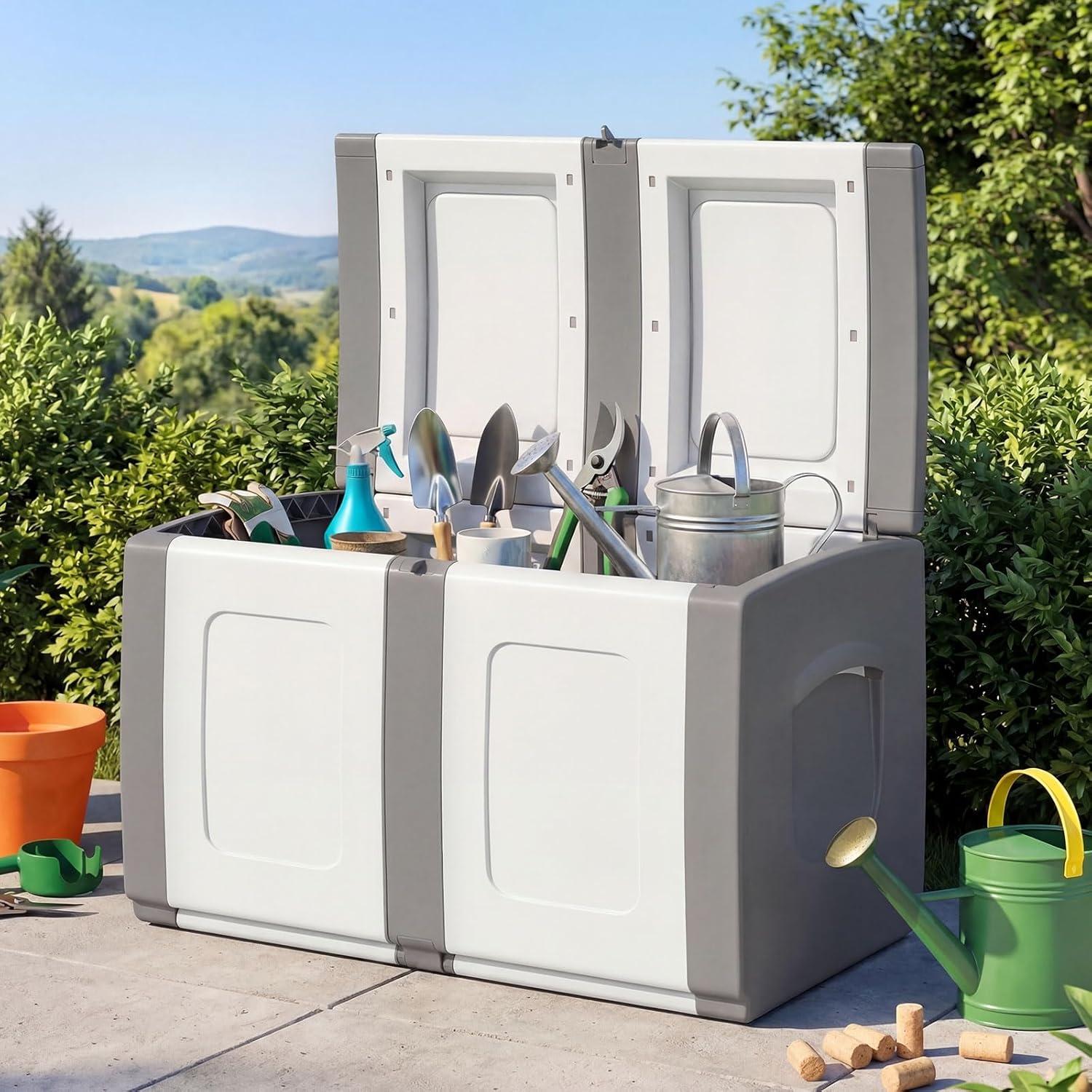 image:imageGiantex Outdoor Deck Box 27 Gallon Patio Container with Lockable Lid Weatherproof Plastic Storage Bin for Packages Garden Tools Cushions Pool Supplies SmallGreyGrey