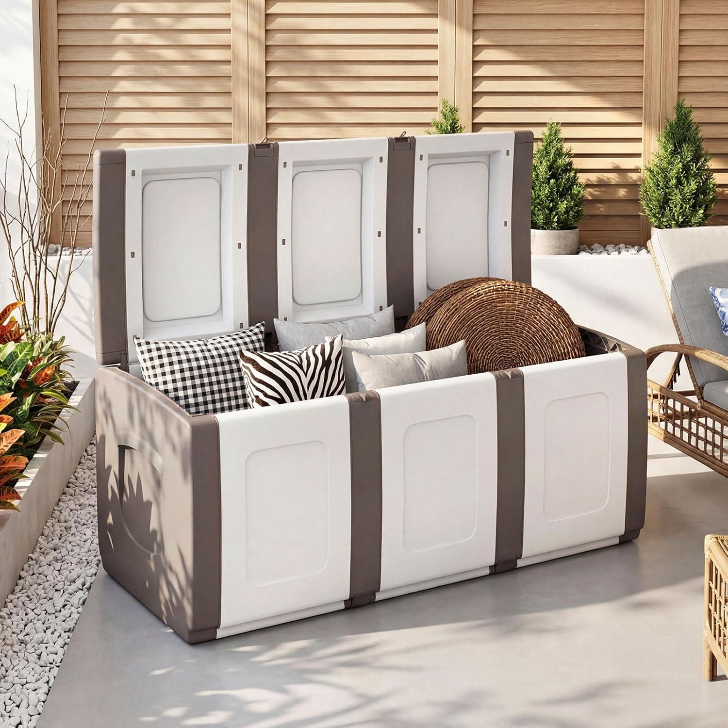 image:imageGiantex Outdoor Deck Box 27 Gallon Patio Container with Lockable Lid Weatherproof Plastic Storage Bin for Packages Garden Tools Cushions Pool Supplies SmallGreyBeige