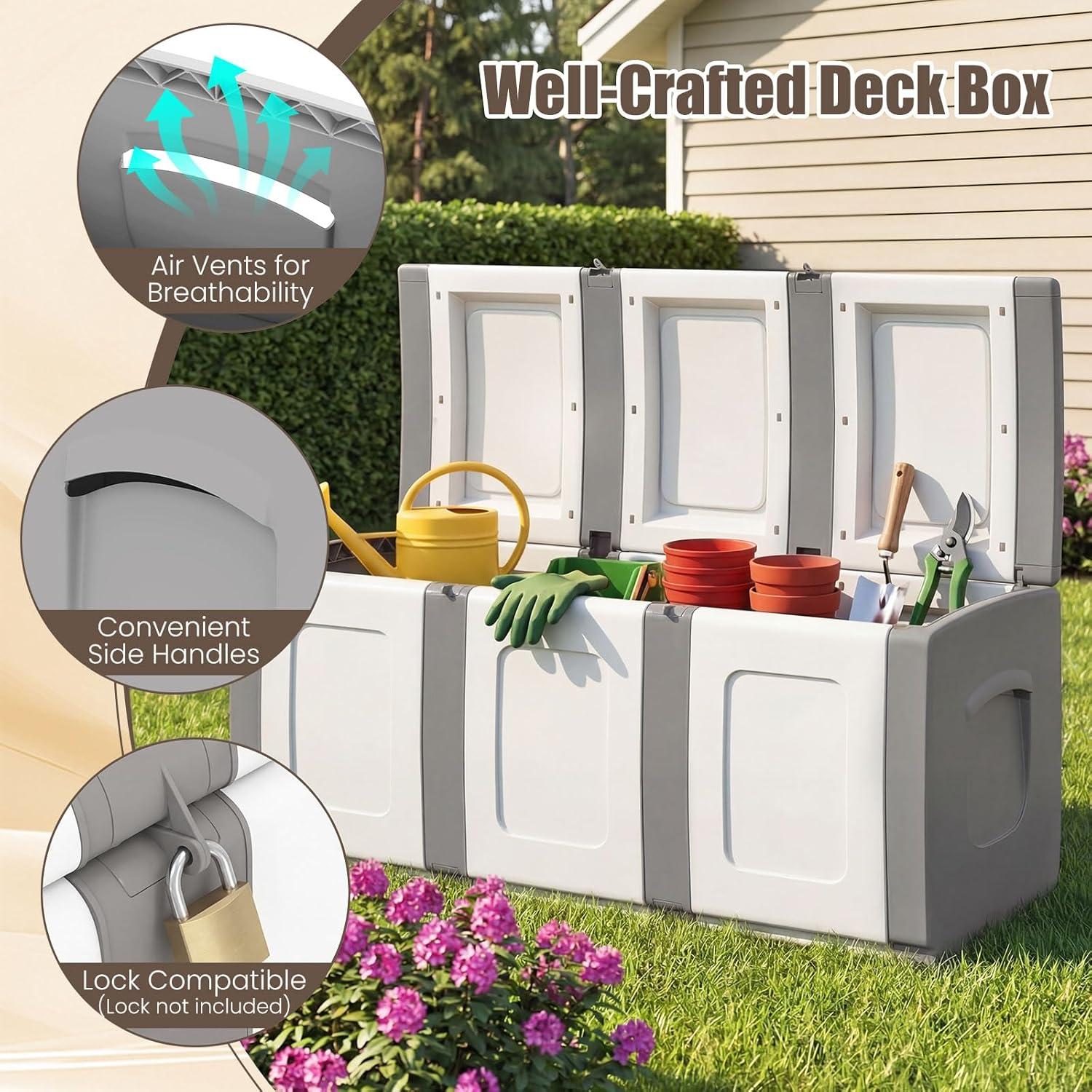 image:imageGiantex Outdoor Deck Box 27 Gallon Patio Container with Lockable Lid Weatherproof Plastic Storage Bin for Packages Garden Tools Cushions Pool Supplies SmallGreyGrey