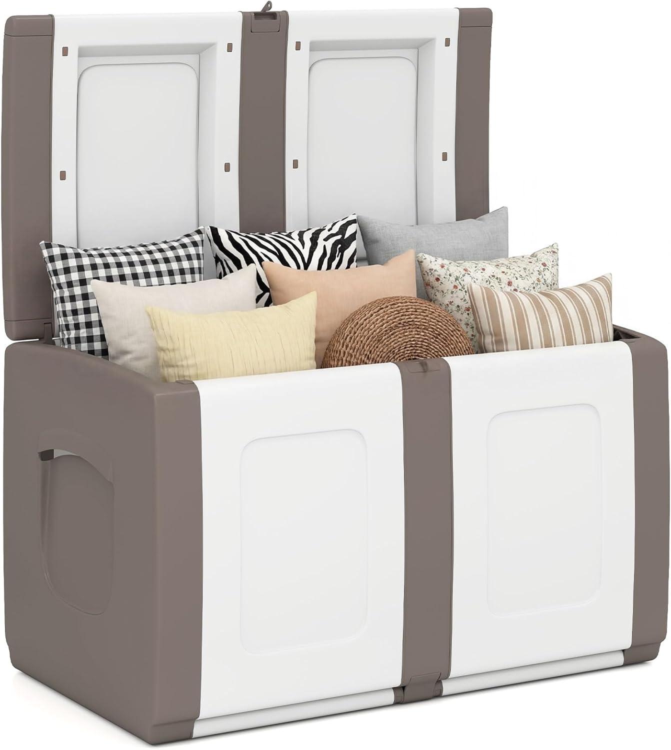 image:imageGiantex Outdoor Deck Box 27 Gallon Patio Container with Lockable Lid Weatherproof Plastic Storage Bin for Packages Garden Tools Cushions Pool Supplies SmallGreyBeige