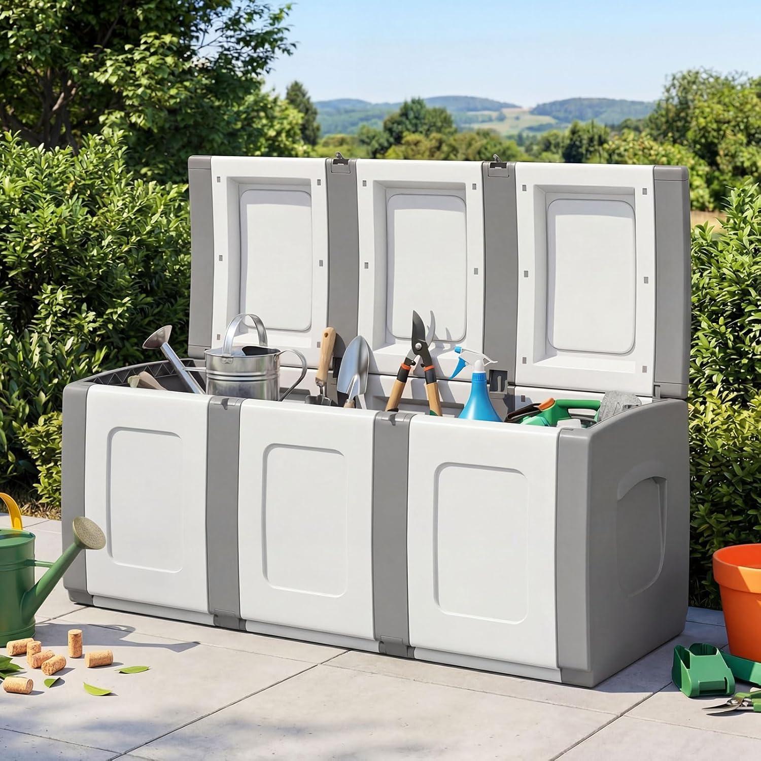 image:imageGiantex Outdoor Deck Box 27 Gallon Patio Container with Lockable Lid Weatherproof Plastic Storage Bin for Packages Garden Tools Cushions Pool Supplies SmallGreyGrey