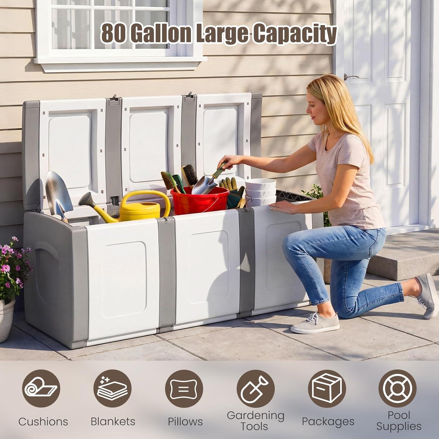 image:imageGiantex Outdoor Deck Box 27 Gallon Patio Container with Lockable Lid Weatherproof Plastic Storage Bin for Packages Garden Tools Cushions Pool Supplies SmallGreyGrey