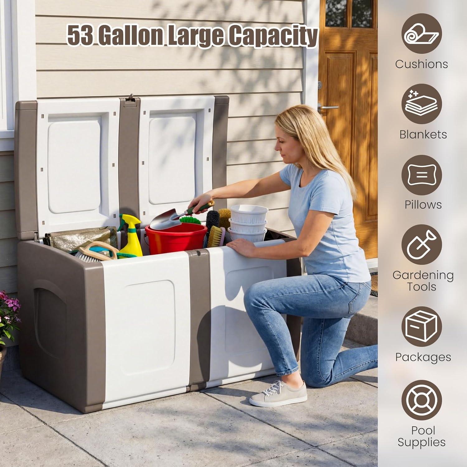 image:imageGiantex Outdoor Deck Box 27 Gallon Patio Container with Lockable Lid Weatherproof Plastic Storage Bin for Packages Garden Tools Cushions Pool Supplies SmallGreyBeige