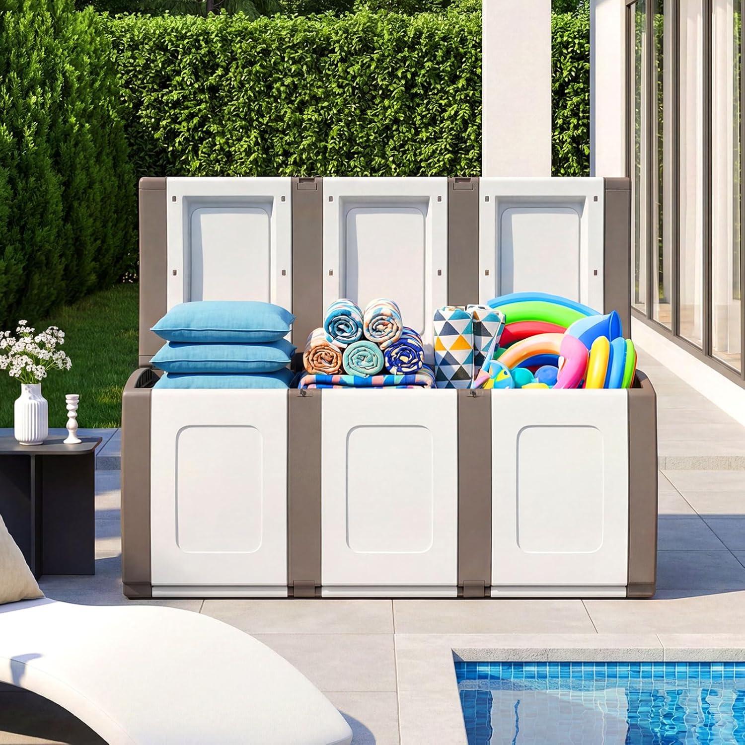 image:imageGiantex Outdoor Deck Box 27 Gallon Patio Container with Lockable Lid Weatherproof Plastic Storage Bin for Packages Garden Tools Cushions Pool Supplies SmallGreyBeige