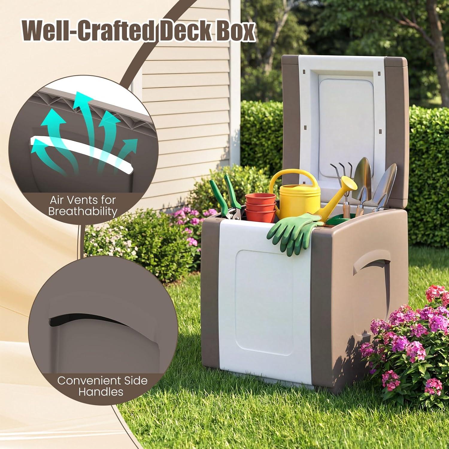 image:imageGiantex Outdoor Deck Box 27 Gallon Patio Container with Lockable Lid Weatherproof Plastic Storage Bin for Packages Garden Tools Cushions Pool Supplies SmallGreyBeige
