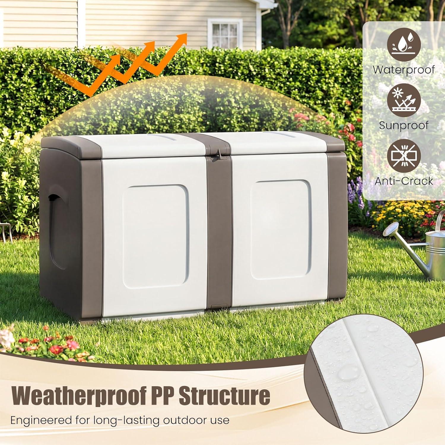 image:imageGiantex Outdoor Deck Box 27 Gallon Patio Container with Lockable Lid Weatherproof Plastic Storage Bin for Packages Garden Tools Cushions Pool Supplies SmallGreyBeige