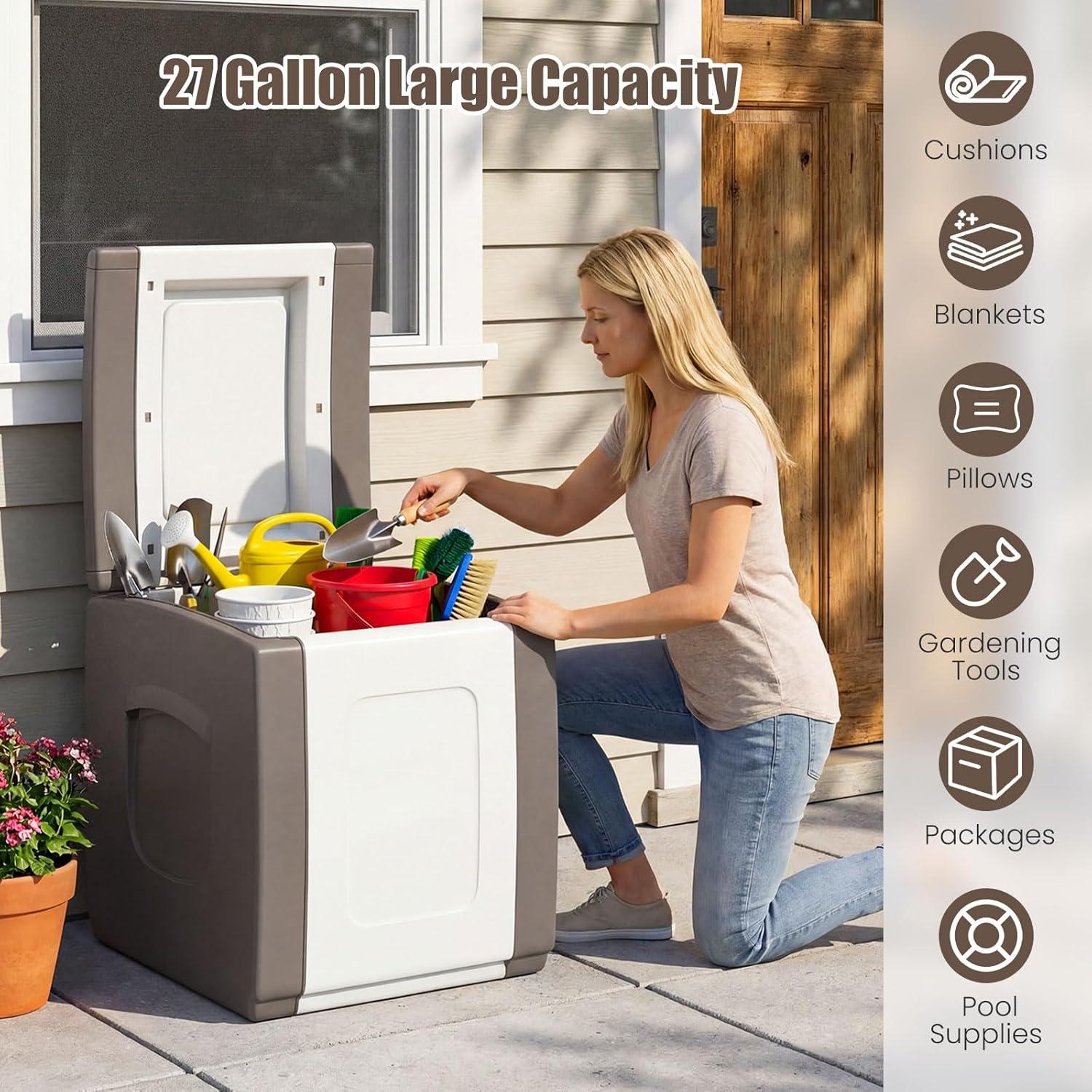image:imageGiantex Outdoor Deck Box 27 Gallon Patio Container with Lockable Lid Weatherproof Plastic Storage Bin for Packages Garden Tools Cushions Pool Supplies SmallGreyBeige