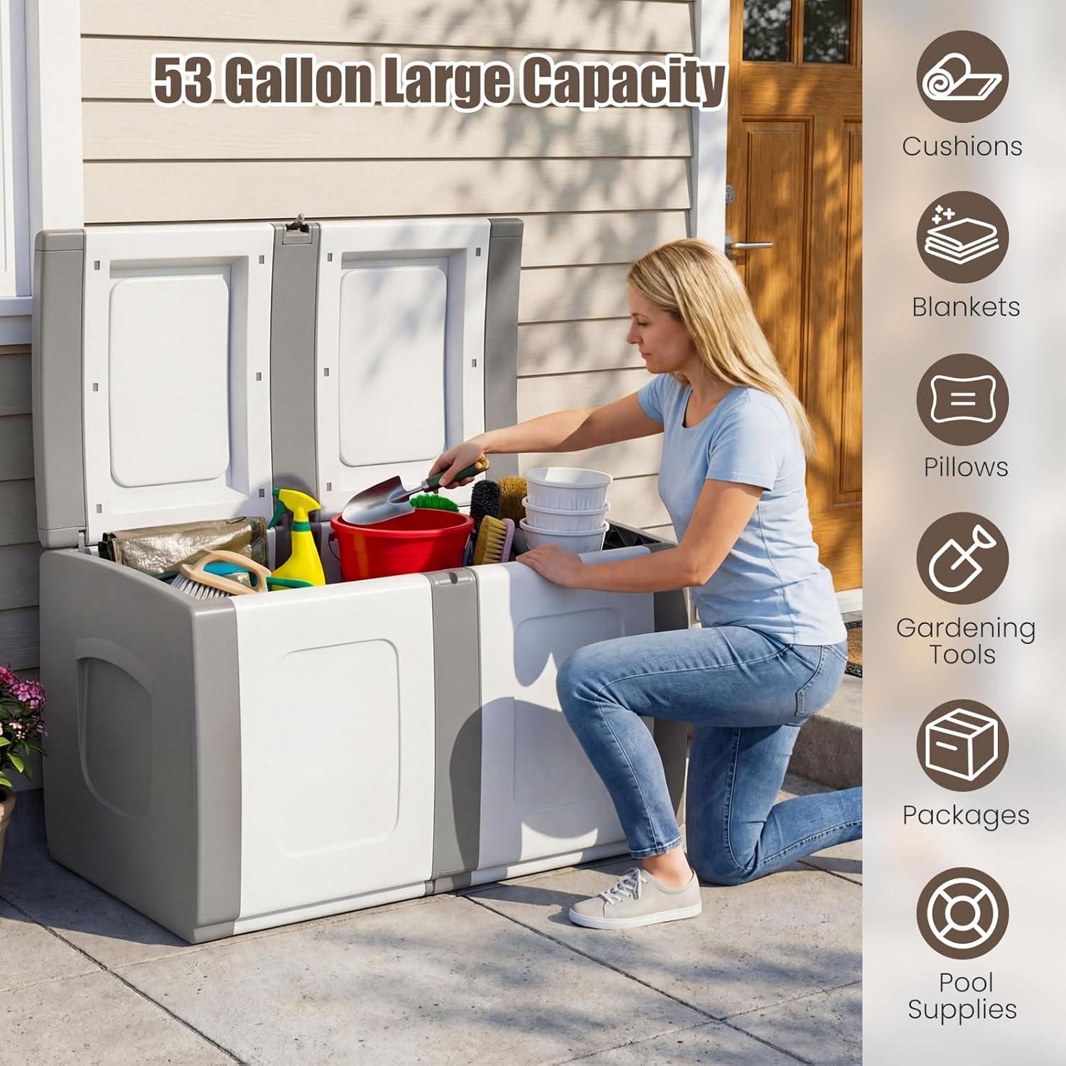 image:imageGiantex Outdoor Deck Box 27 Gallon Patio Container with Lockable Lid Weatherproof Plastic Storage Bin for Packages Garden Tools Cushions Pool Supplies SmallGreyGrey