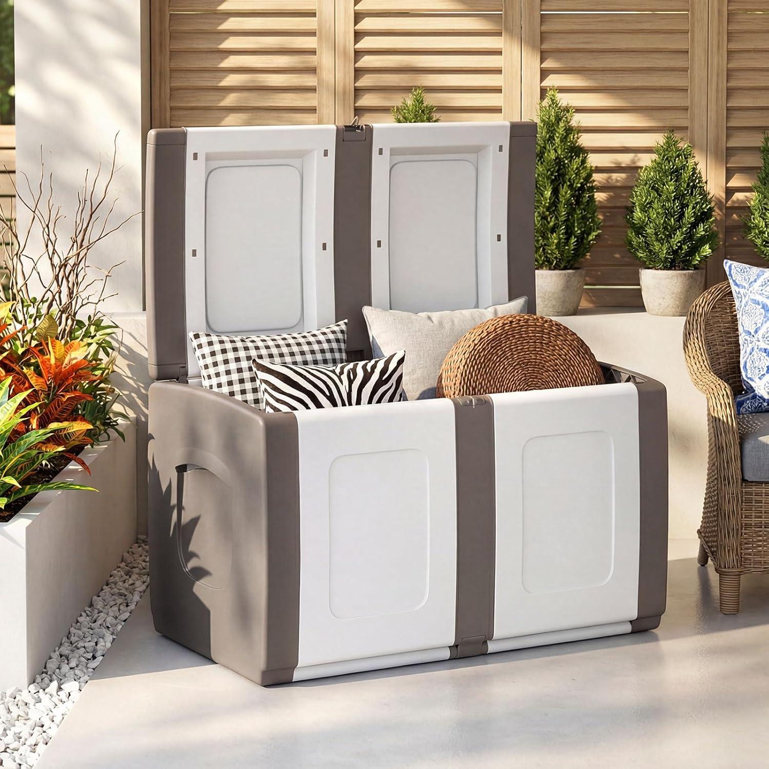 image:imageGiantex Outdoor Deck Box 27 Gallon Patio Container with Lockable Lid Weatherproof Plastic Storage Bin for Packages Garden Tools Cushions Pool Supplies SmallGreyBeige