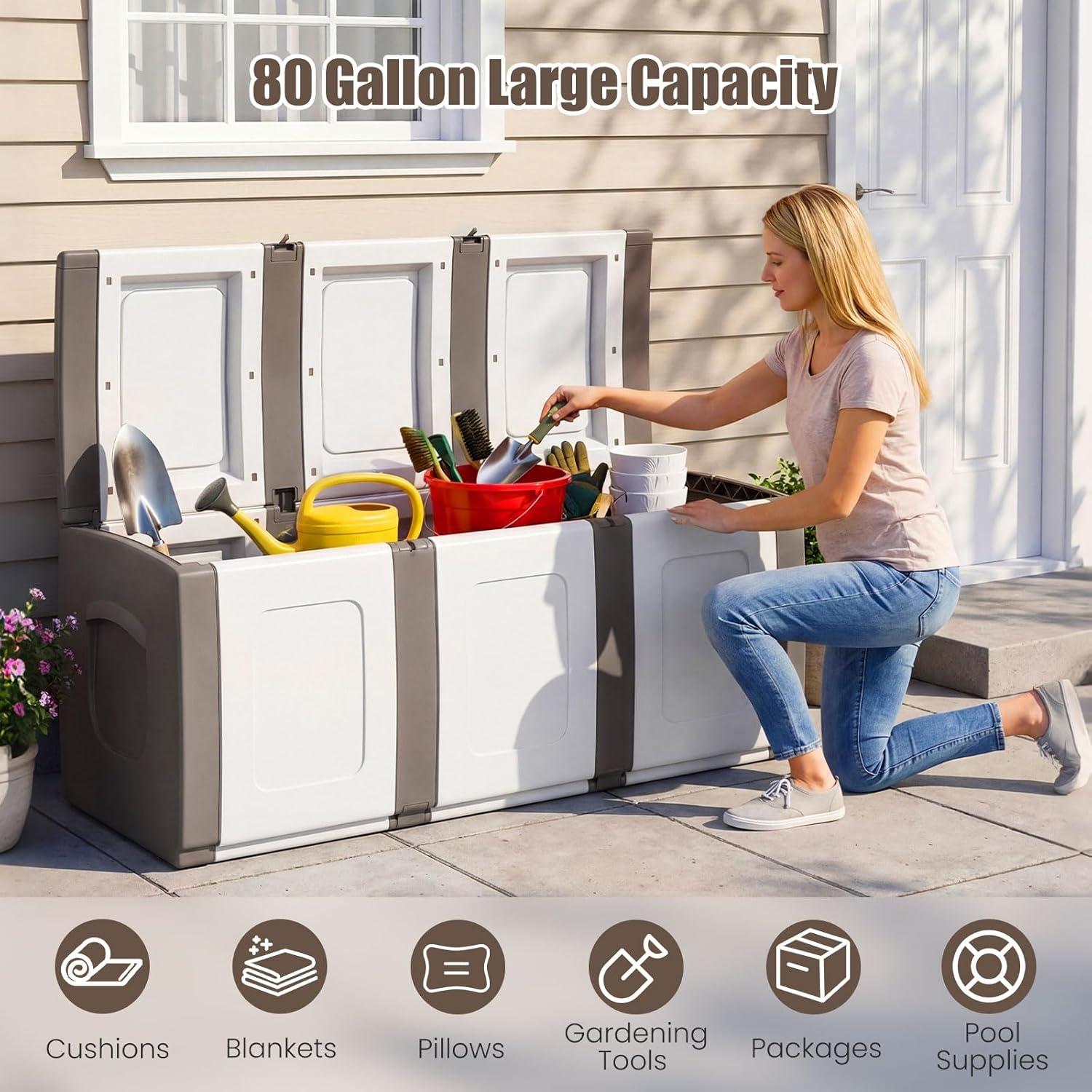 image:imageGiantex Outdoor Deck Box 27 Gallon Patio Container with Lockable Lid Weatherproof Plastic Storage Bin for Packages Garden Tools Cushions Pool Supplies SmallGreyBeige