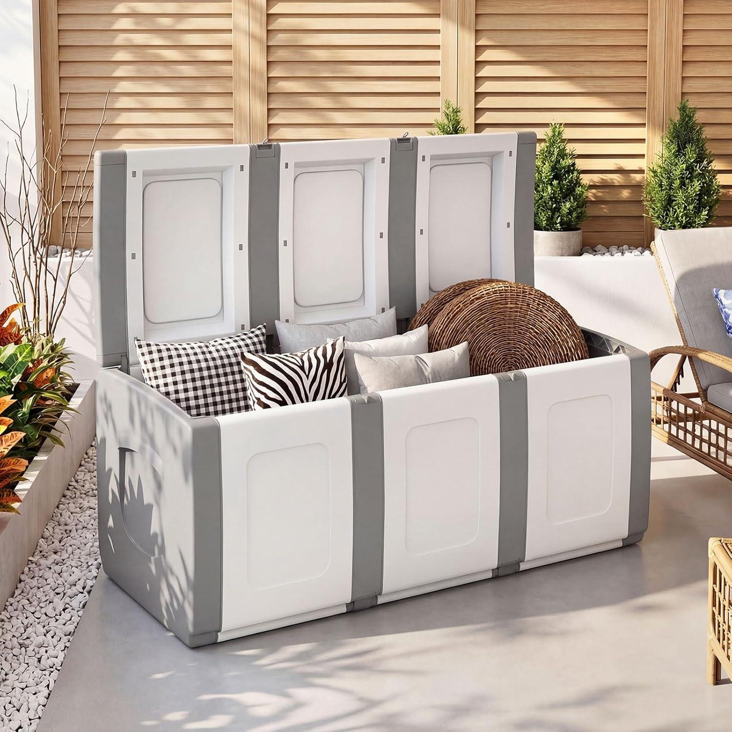image:imageGiantex Outdoor Deck Box 27 Gallon Patio Container with Lockable Lid Weatherproof Plastic Storage Bin for Packages Garden Tools Cushions Pool Supplies SmallGreyGrey