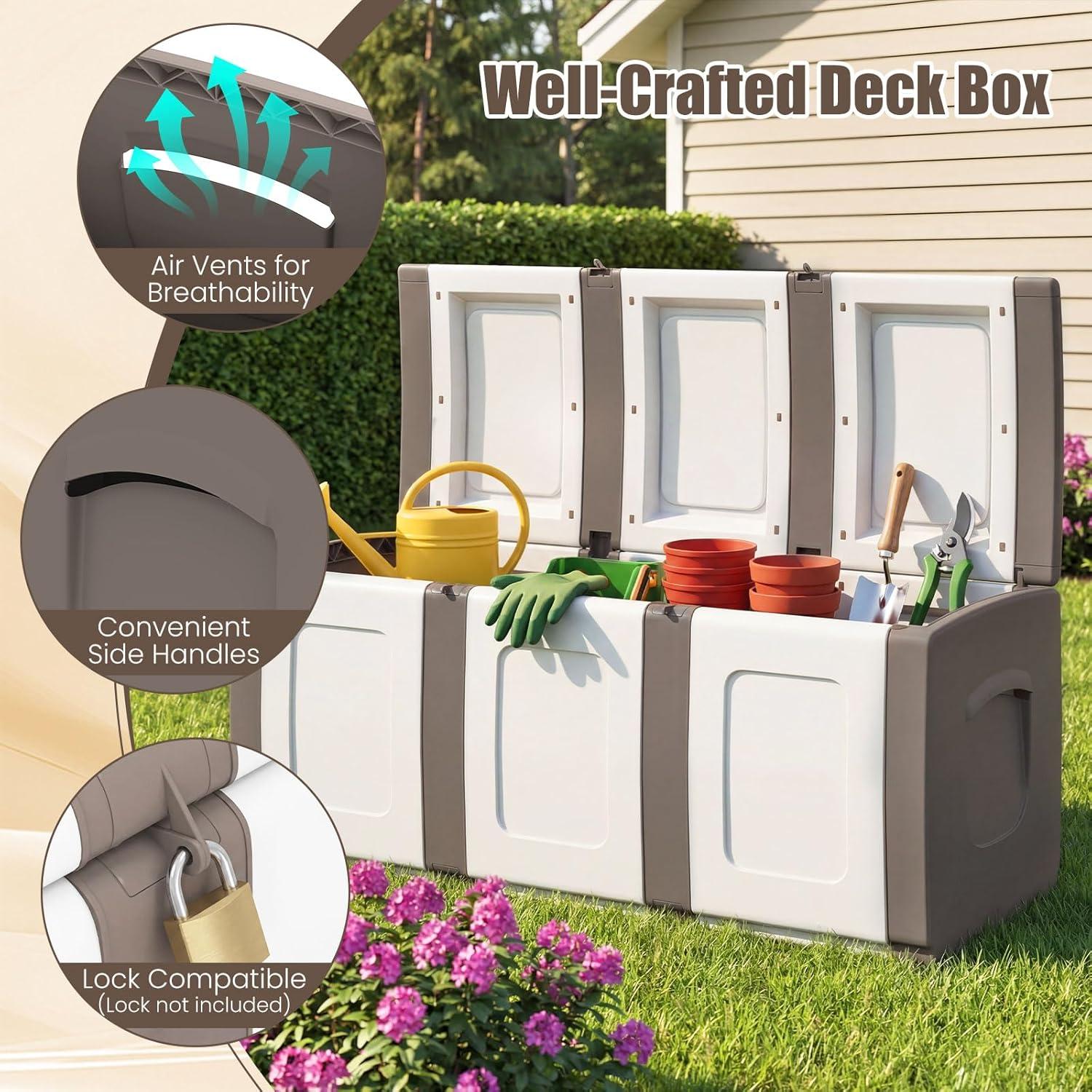 image:imageGiantex Outdoor Deck Box 27 Gallon Patio Container with Lockable Lid Weatherproof Plastic Storage Bin for Packages Garden Tools Cushions Pool Supplies SmallGreyBeige